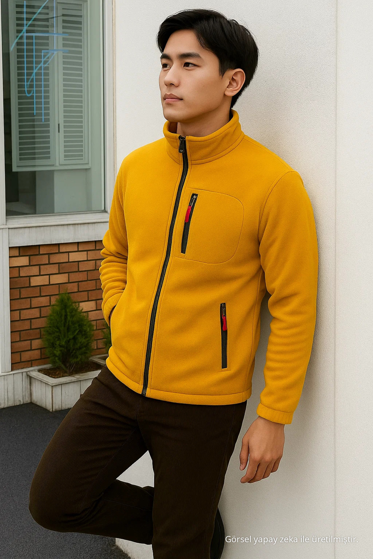 Erkek Comfort Fit Rahat Kalın Sarı Polar 3