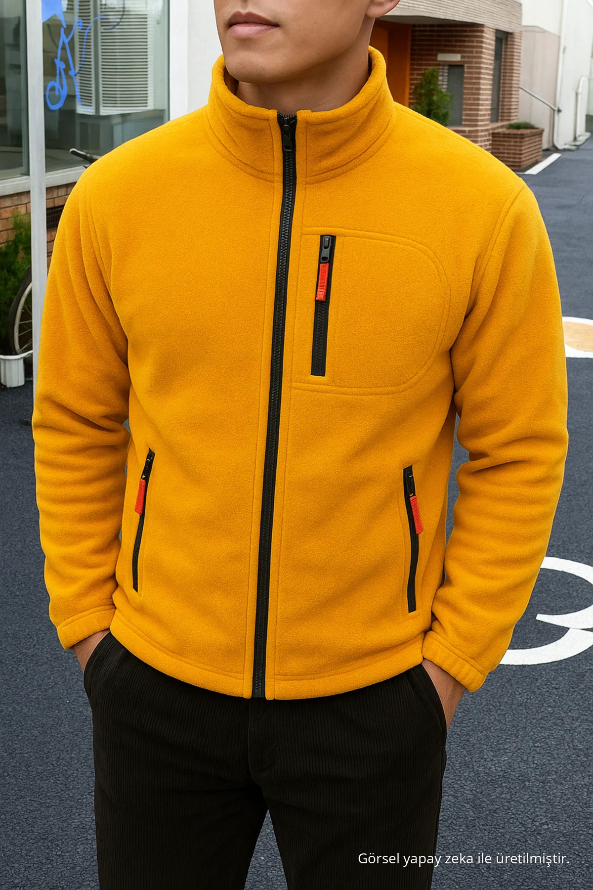 Erkek Comfort Fit Rahat Kalın Sarı Polar 4