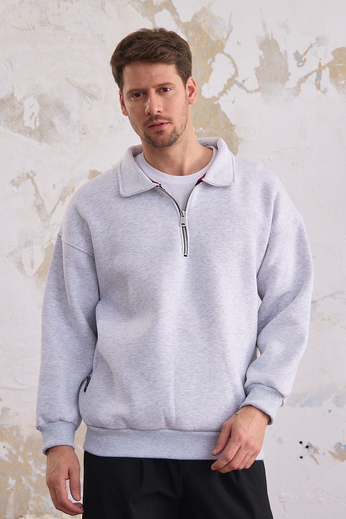 Erkek Yarım Fermuar Regular Relax Fit Rahat Kesim Pamuklu Içi Polarlı Sweatshirt Grimelanj