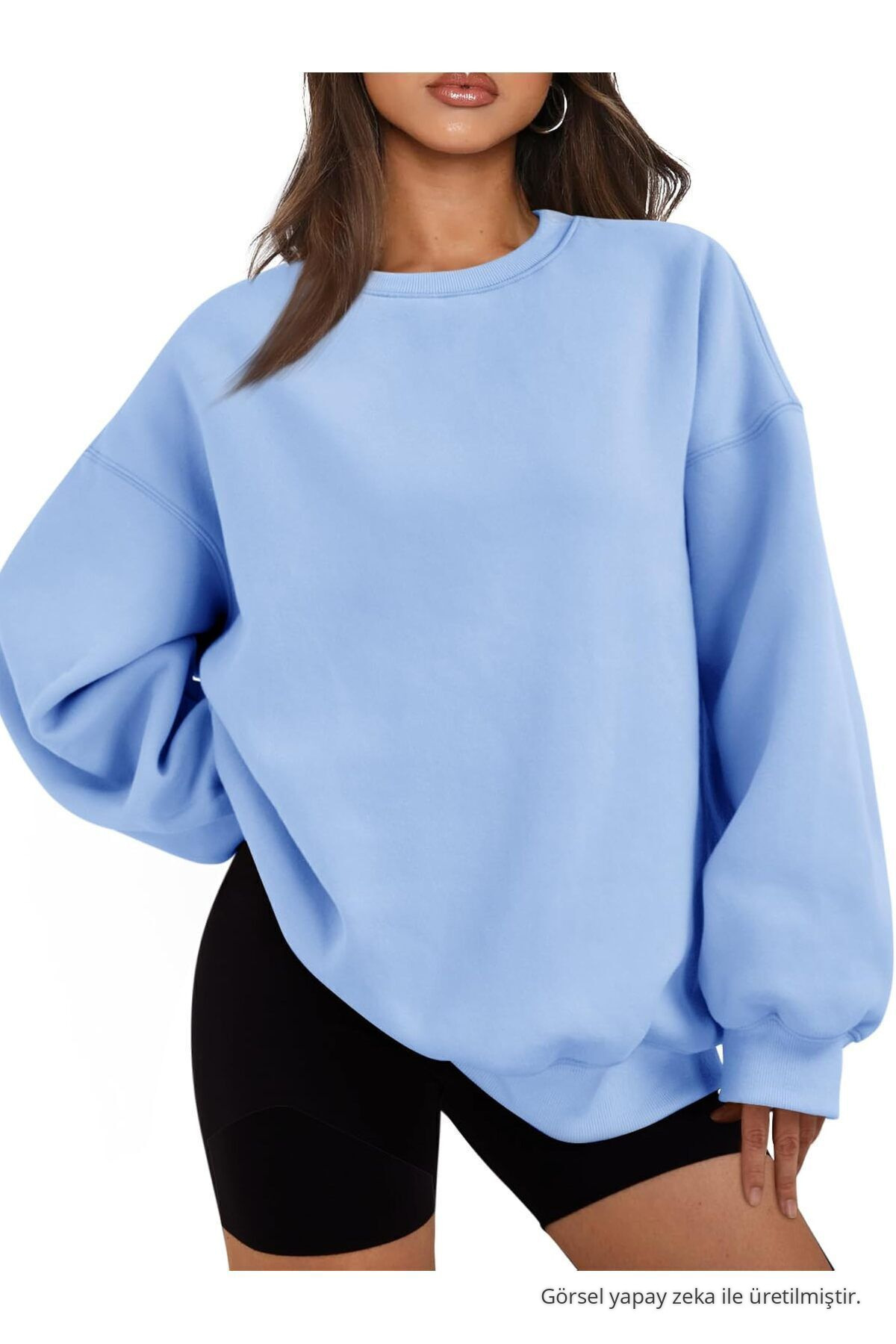 Kadın Bisiklet Yaka Basic Oversize Sweatshirt BEBE MAVİ 3