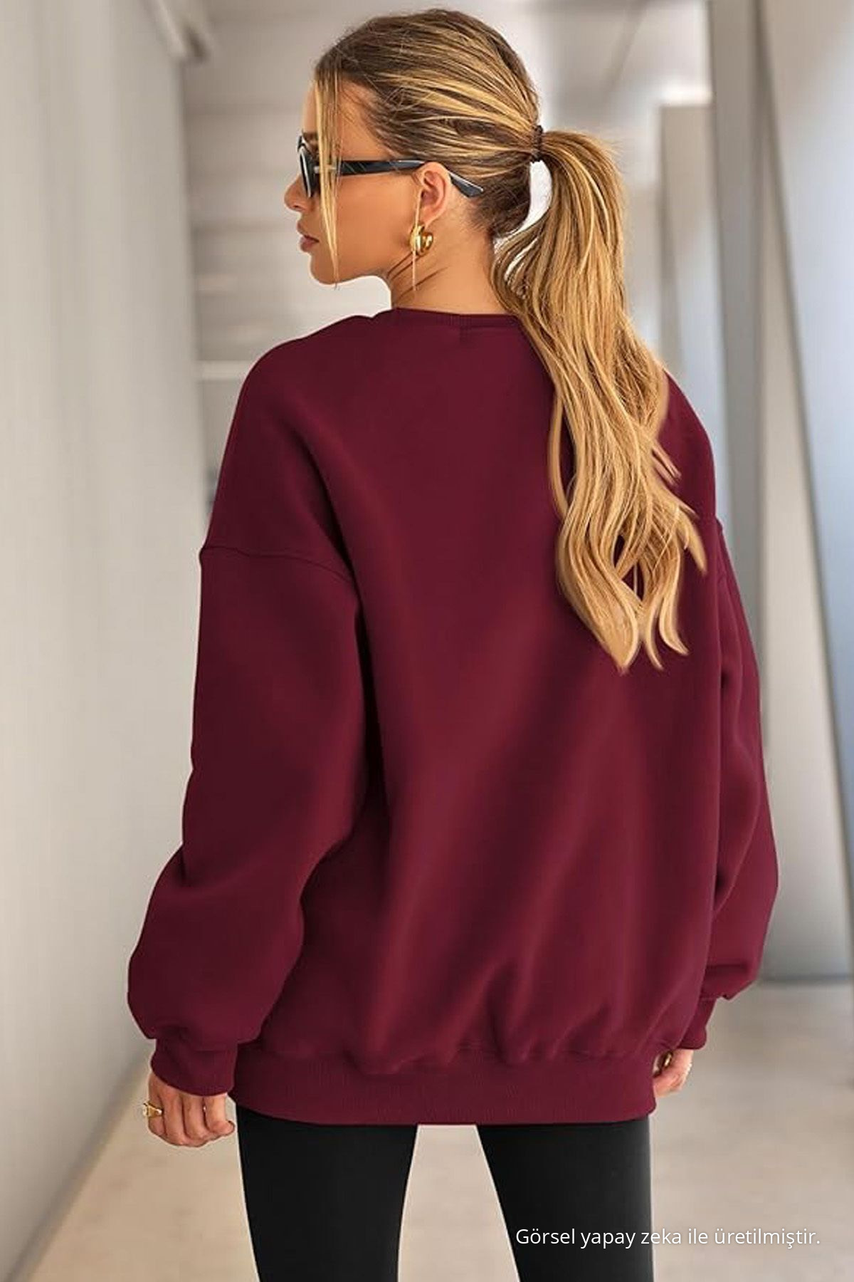 Kadın Bisiklet Yaka Basic Oversize Sweatshirt BORDO 3