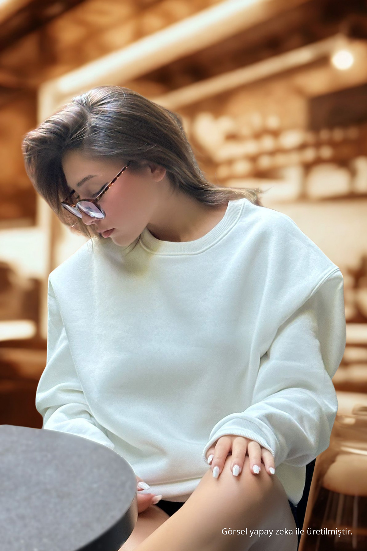 Kadın Bisiklet Yaka Basic Oversize Sweatshirt EKRU 6