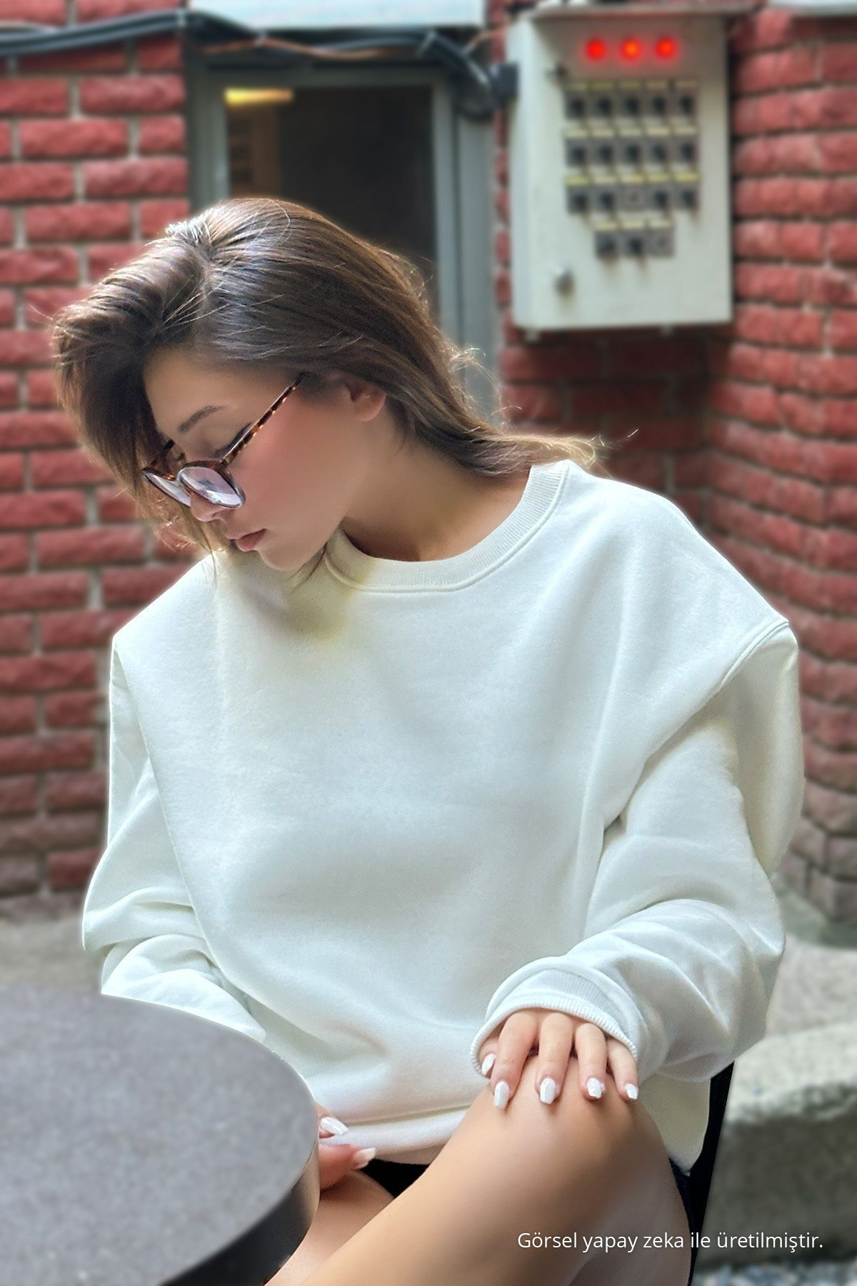 Kadın Bisiklet Yaka Basic Oversize Sweatshirt EKRU 4
