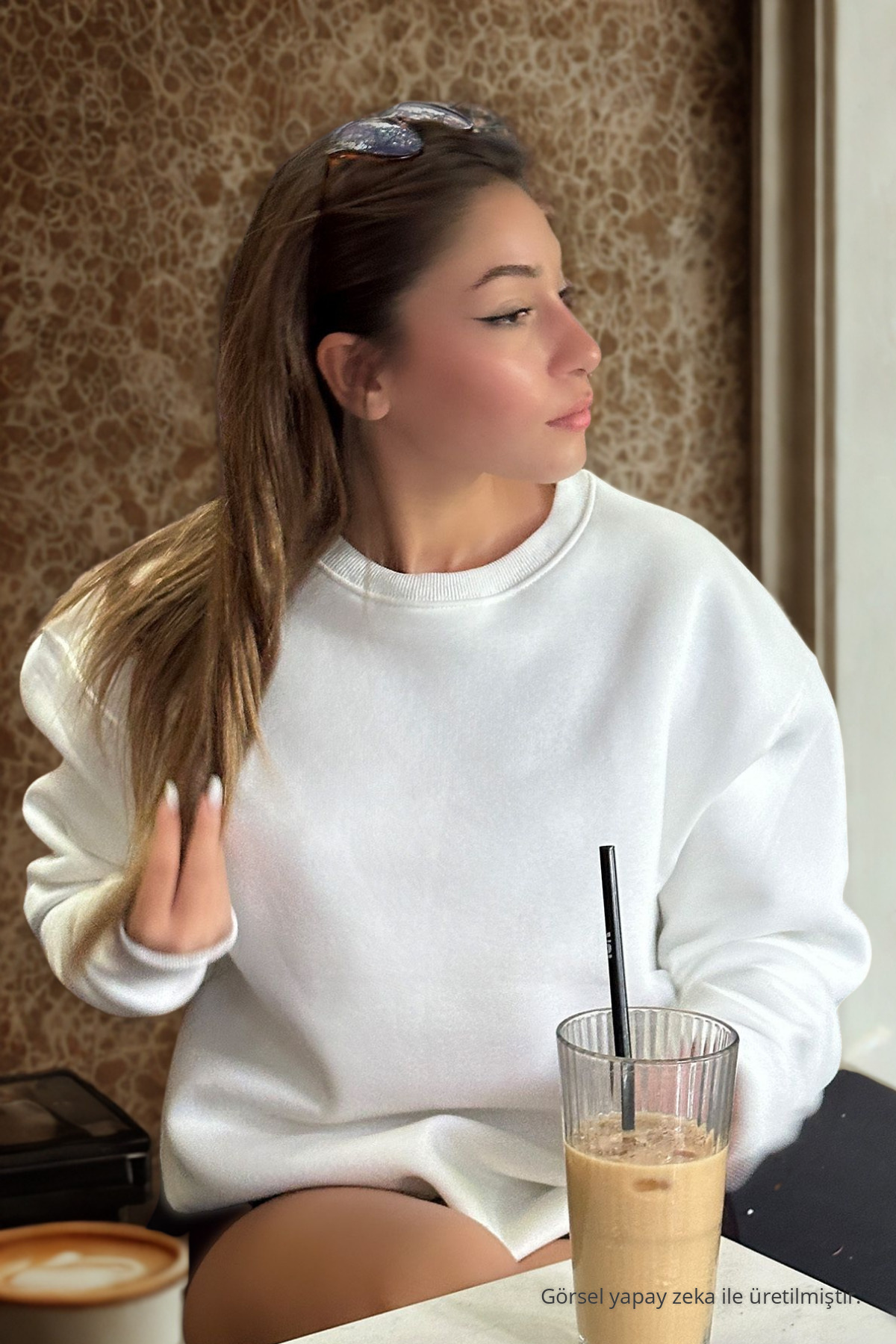 Kadın Bisiklet Yaka Basic Oversize Sweatshirt EKRU 5