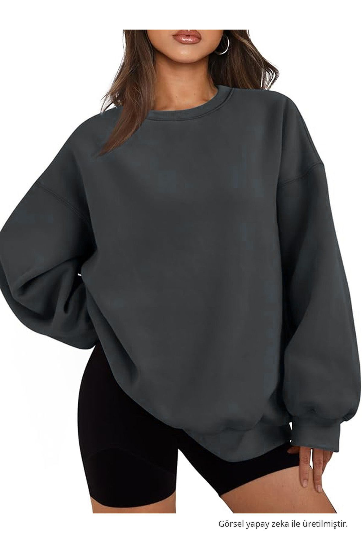 Kadın Bisiklet Yaka Basic Oversize Sweatshirt FÜME 4