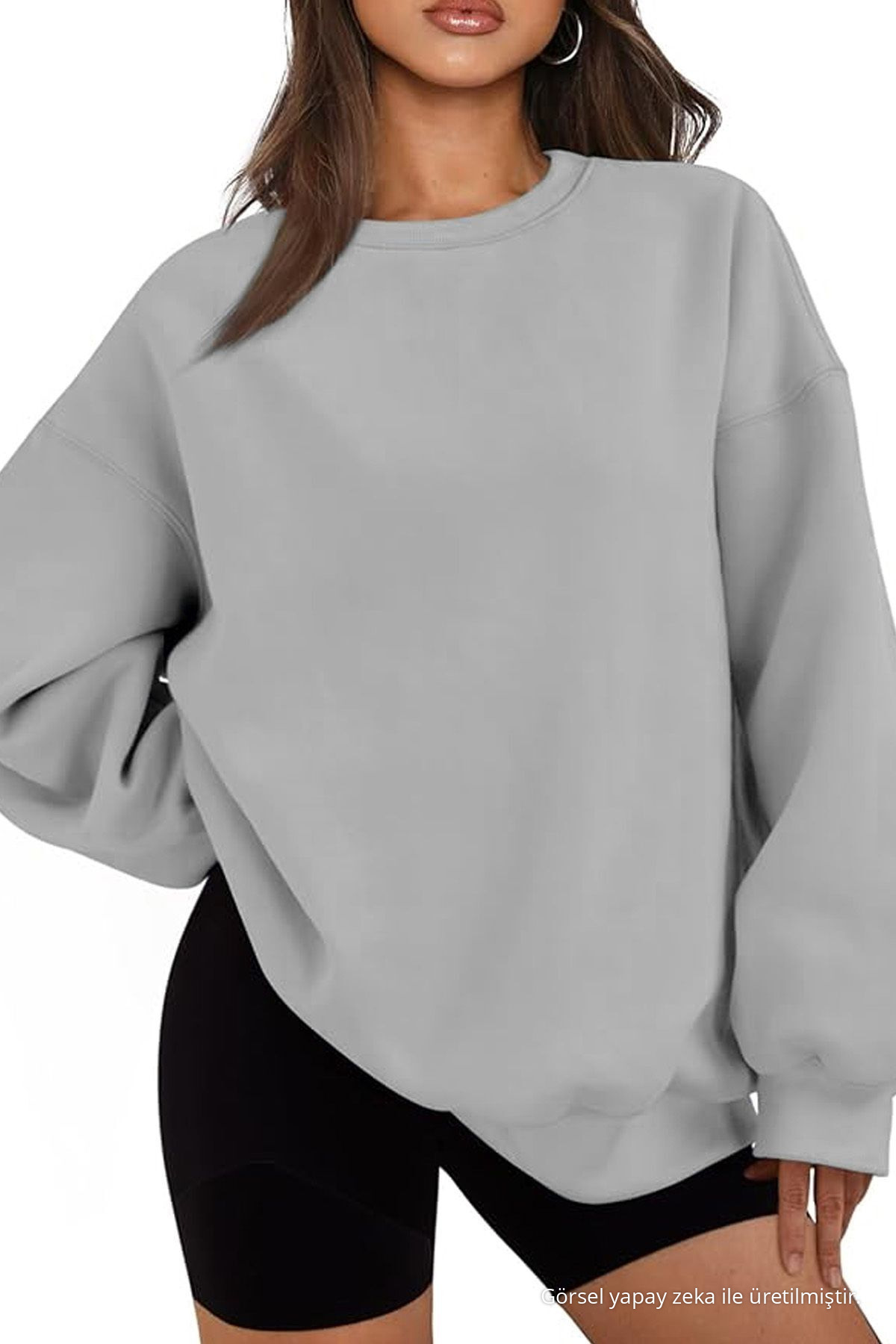 Kadın Bisiklet Yaka Basic Oversize Sweatshirt GRİMELANJ 4