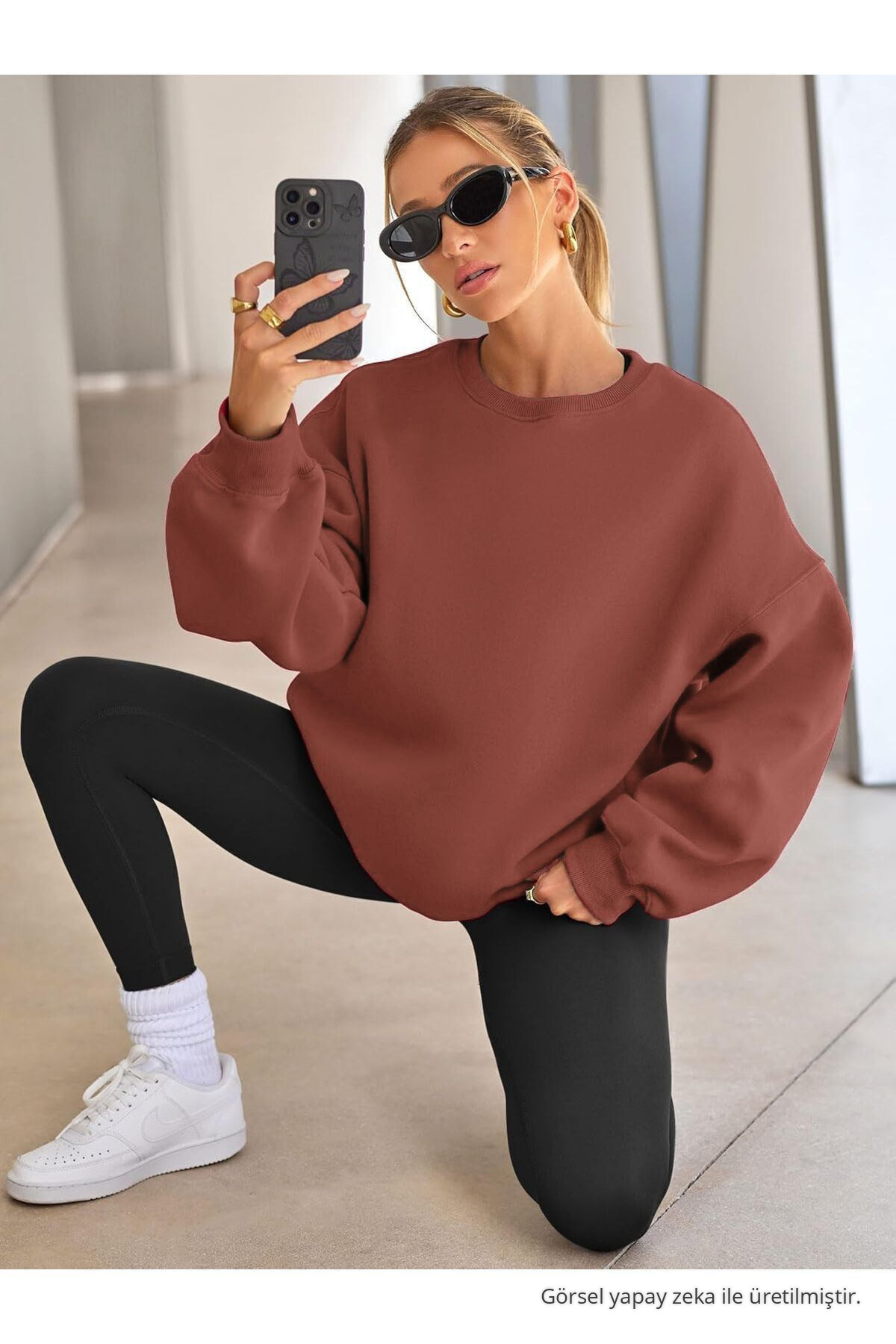 Kadın Bisiklet Yaka Basic Oversize Sweatshirt GÜL KURUSU 3