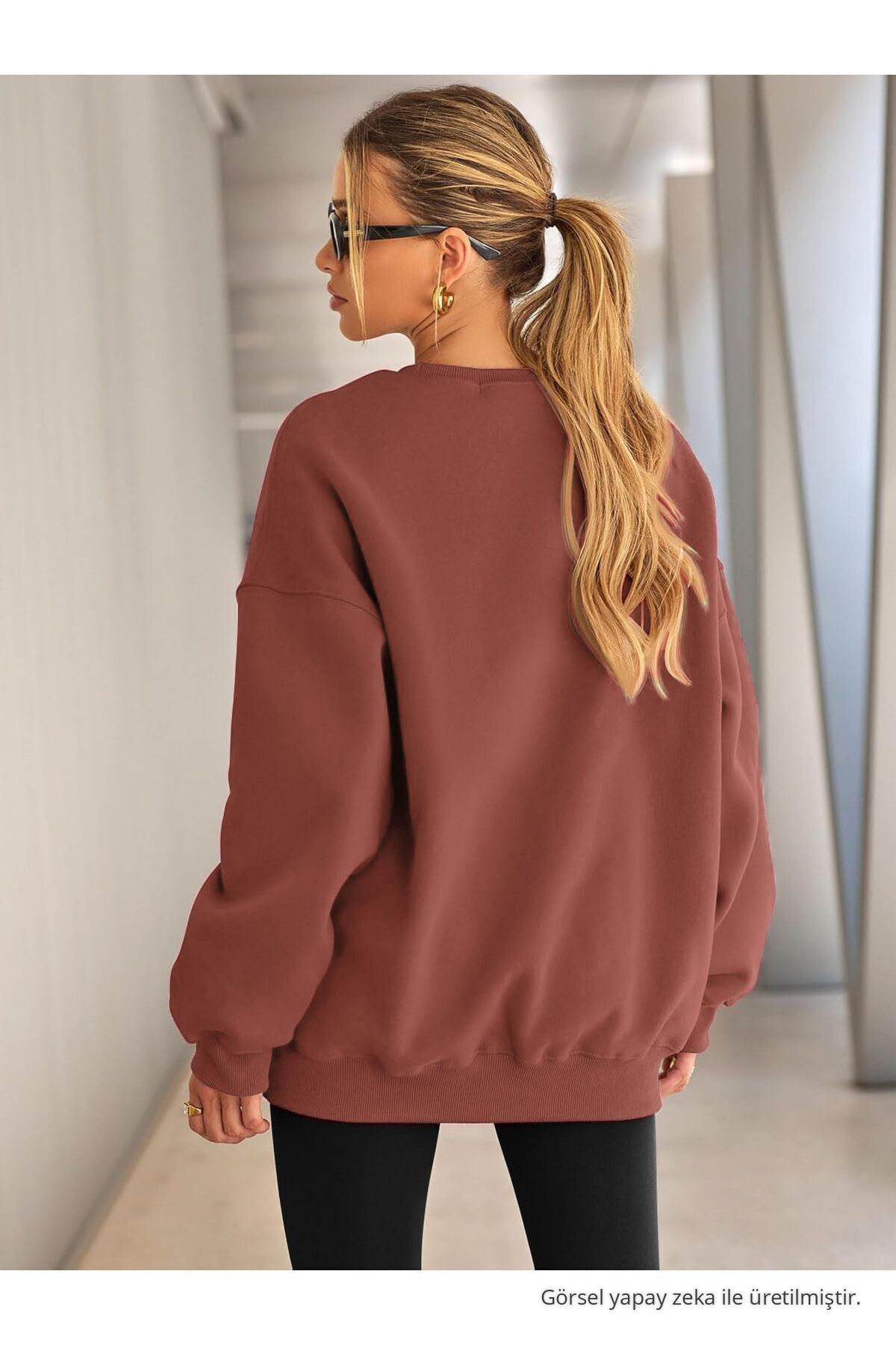 Kadın Bisiklet Yaka Basic Oversize Sweatshirt GÜL KURUSU 6