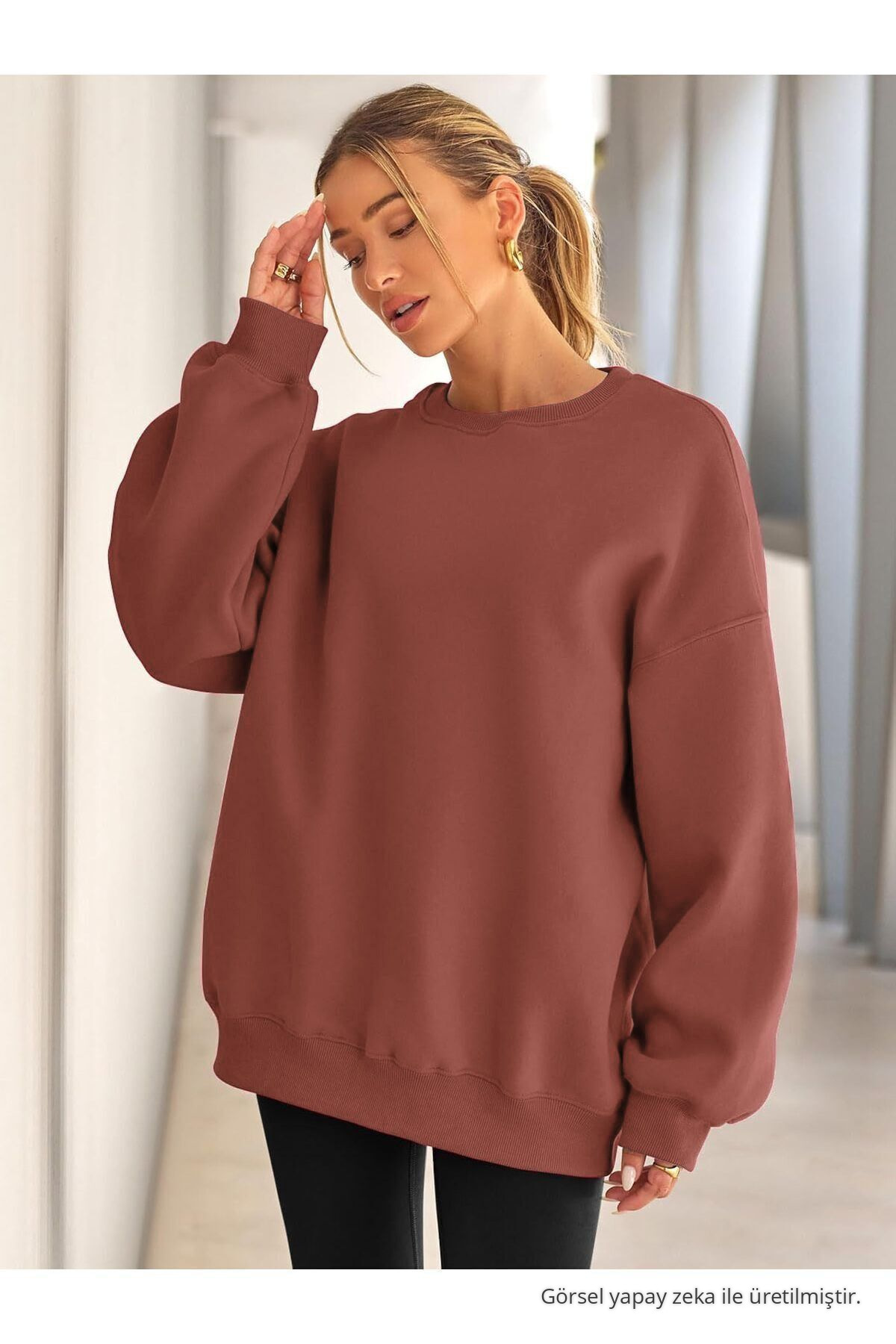 Kadın Bisiklet Yaka Basic Oversize Sweatshirt GÜL KURUSU 5