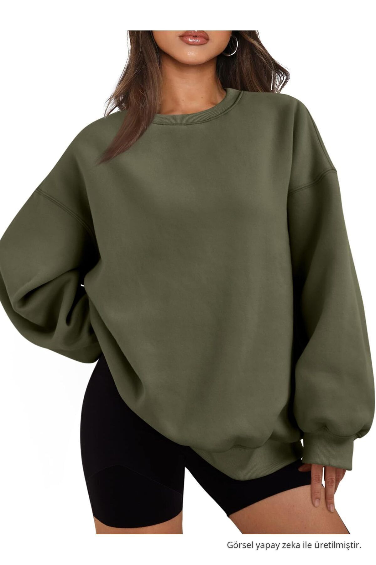 Kadın Bisiklet Yaka Basic Oversize Sweatshirt HAKİ 6