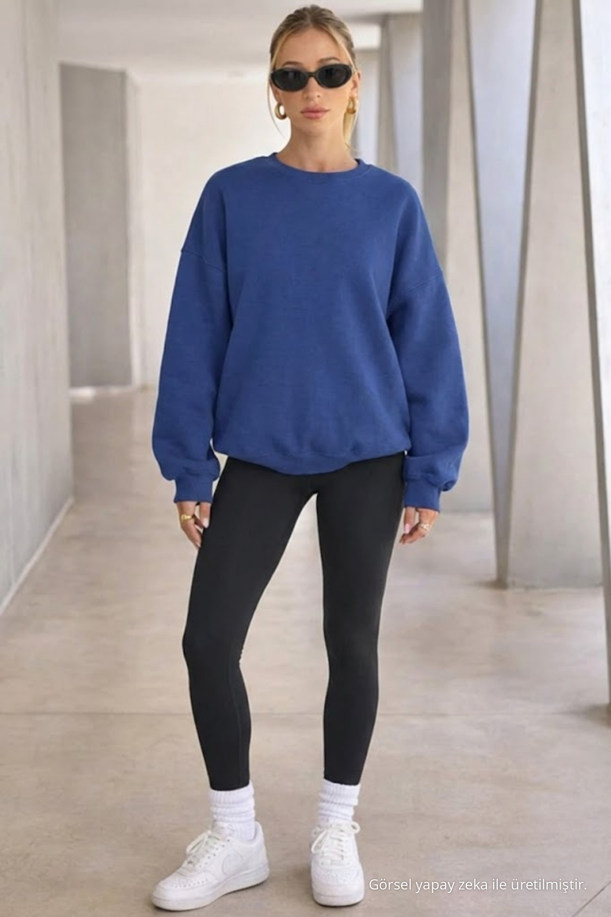 Kadın Bisiklet Yaka Basic Oversize Sweatshirt İNDİGO İndigo 4