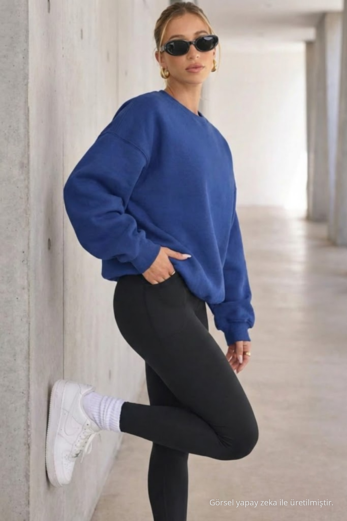 Kadın Bisiklet Yaka Basic Oversize Sweatshirt İNDİGO İndigo 3