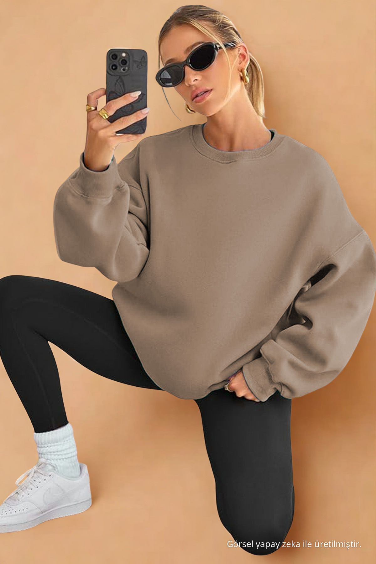 Kadın Bisiklet Yaka Basic Oversize Sweatshirt KAHVE 6