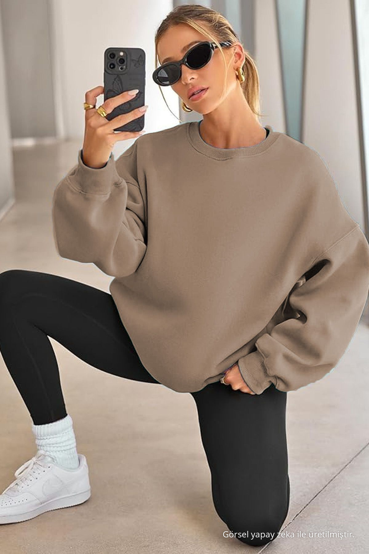 Kadın Bisiklet Yaka Basic Oversize Sweatshirt KAHVE 4