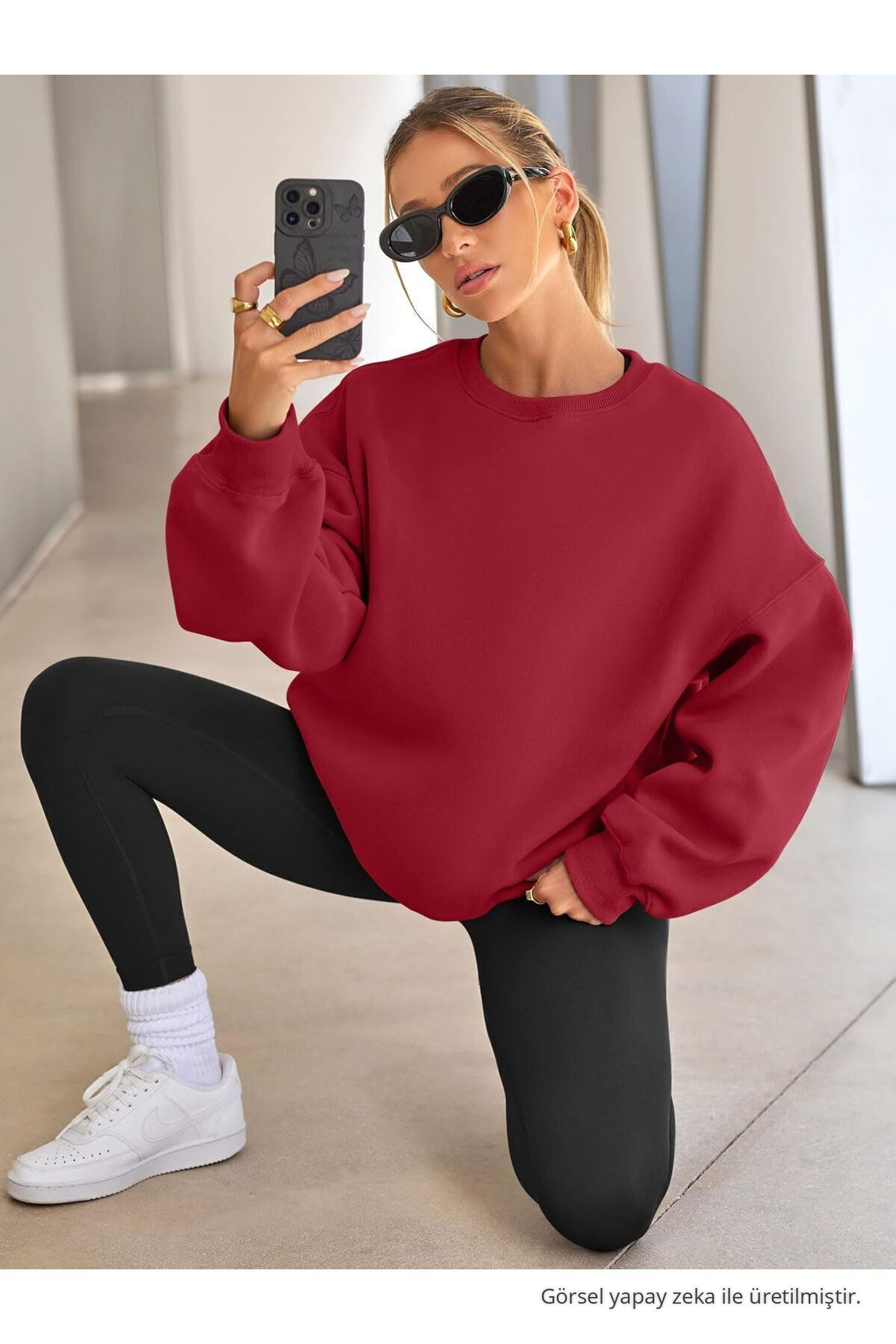 Kadın Bisiklet Yaka Basic Oversize Sweatshirt KIRMIZI 6