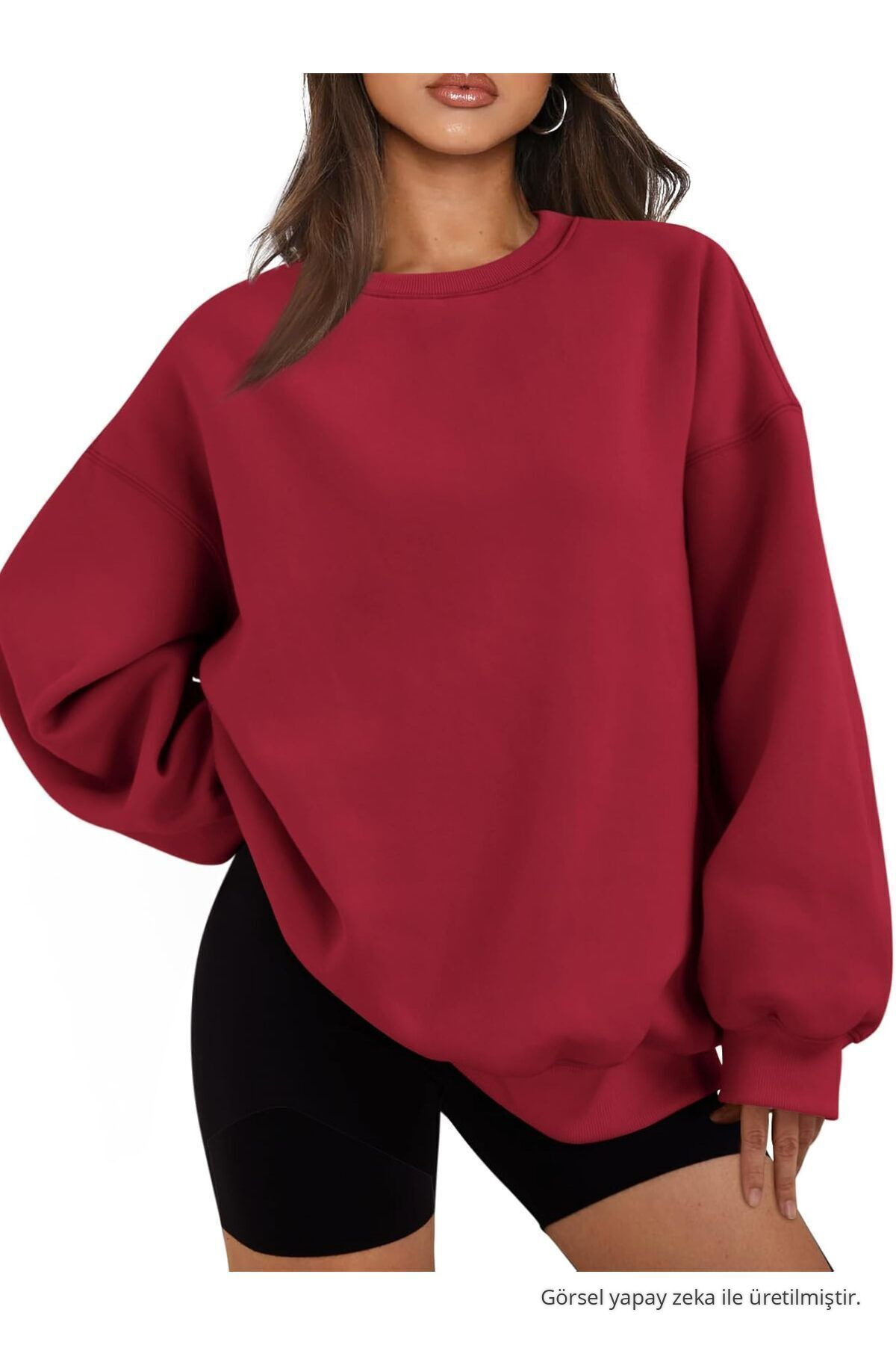 Kadın Bisiklet Yaka Basic Oversize Sweatshirt KIRMIZI 3