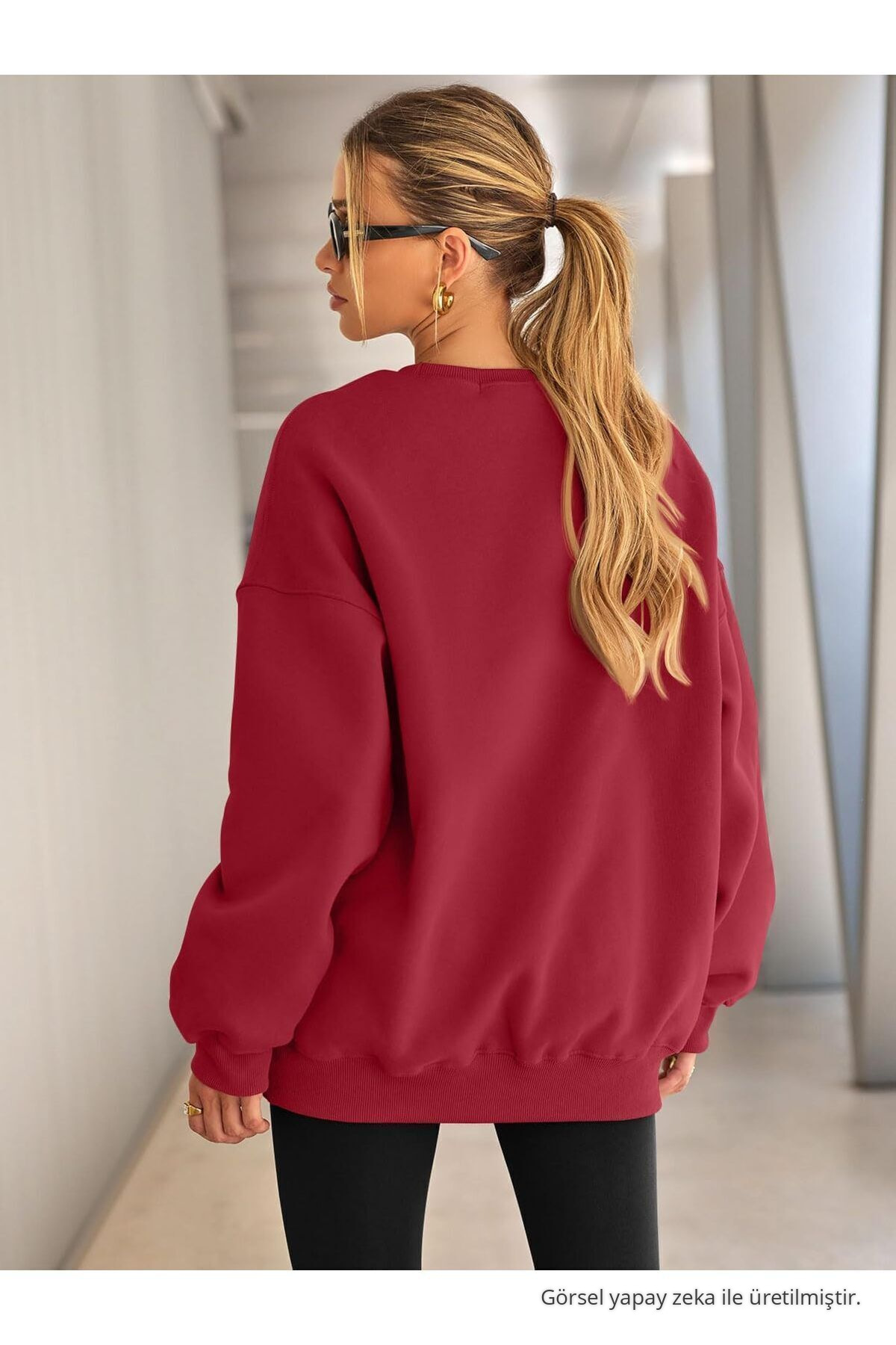 Kadın Bisiklet Yaka Basic Oversize Sweatshirt KIRMIZI 5