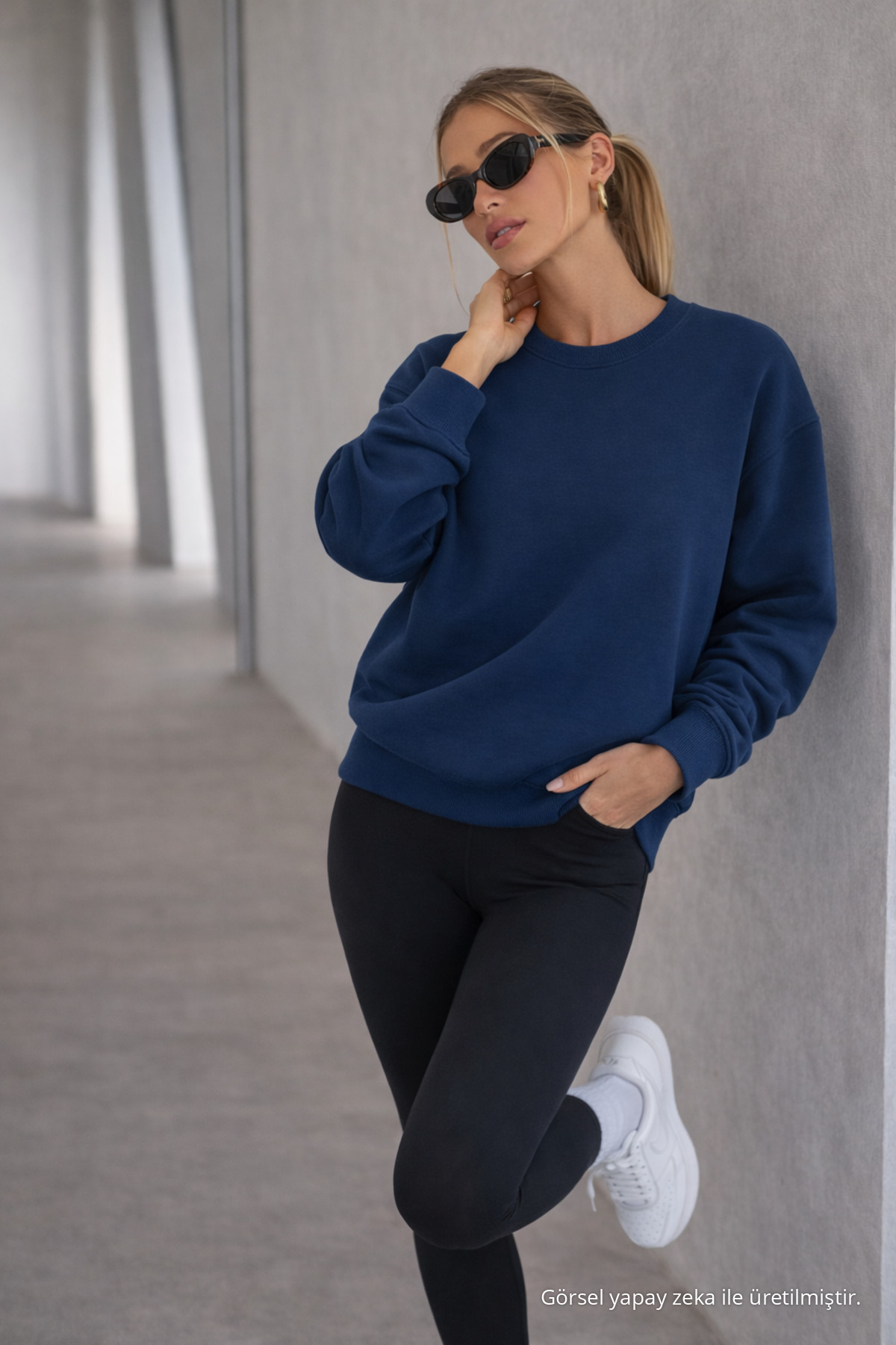 Kadın Bisiklet Yaka Basic Oversize Sweatshirt LACİVERT 4