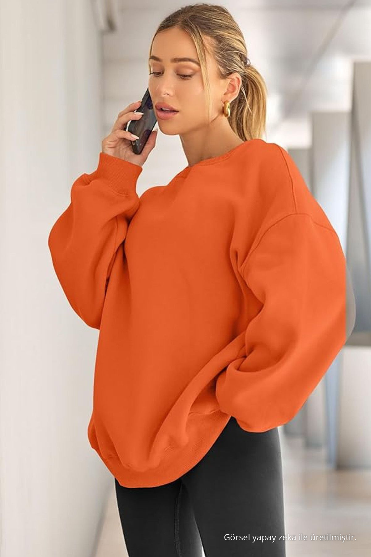 Kadın Bisiklet Yaka Basic Oversize Sweatshirt ORANJ 3