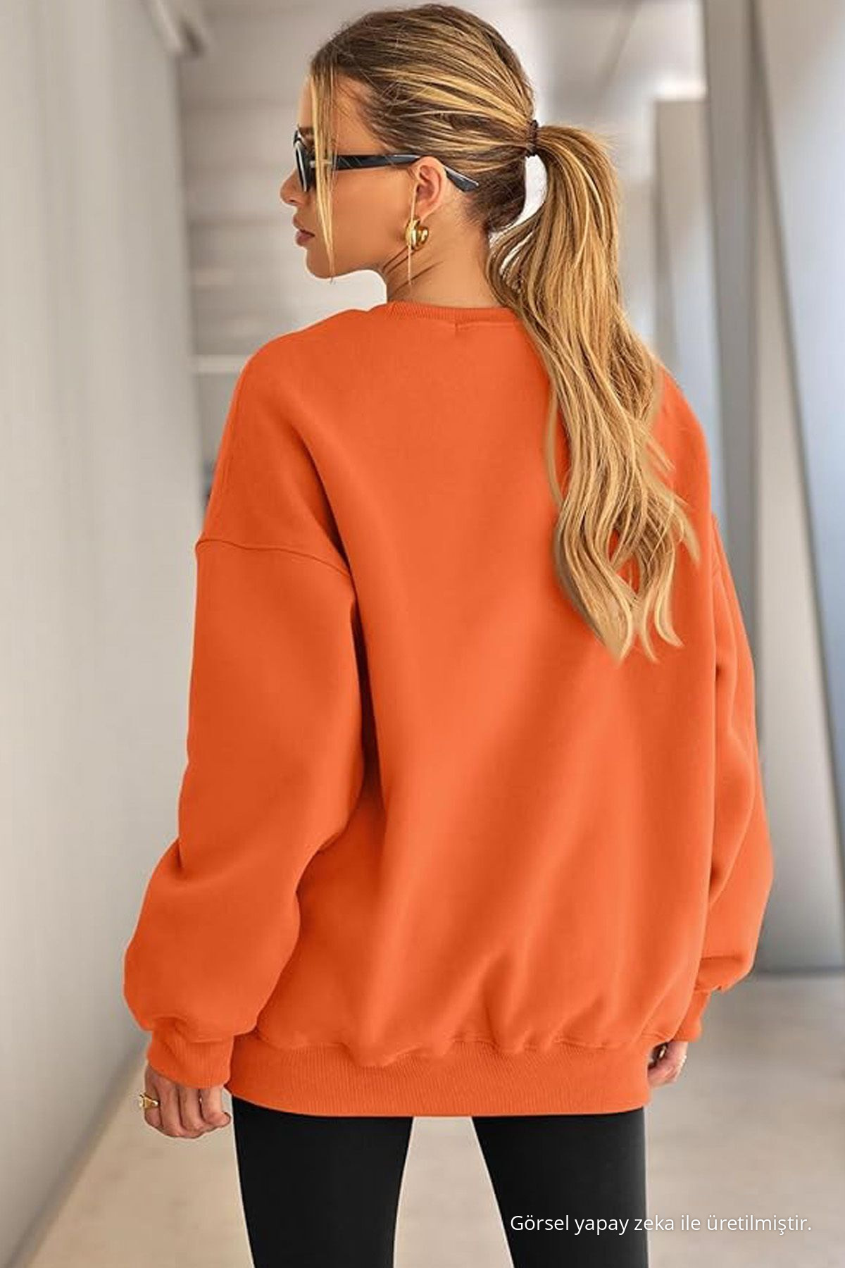 Kadın Bisiklet Yaka Basic Oversize Sweatshirt ORANJ 4