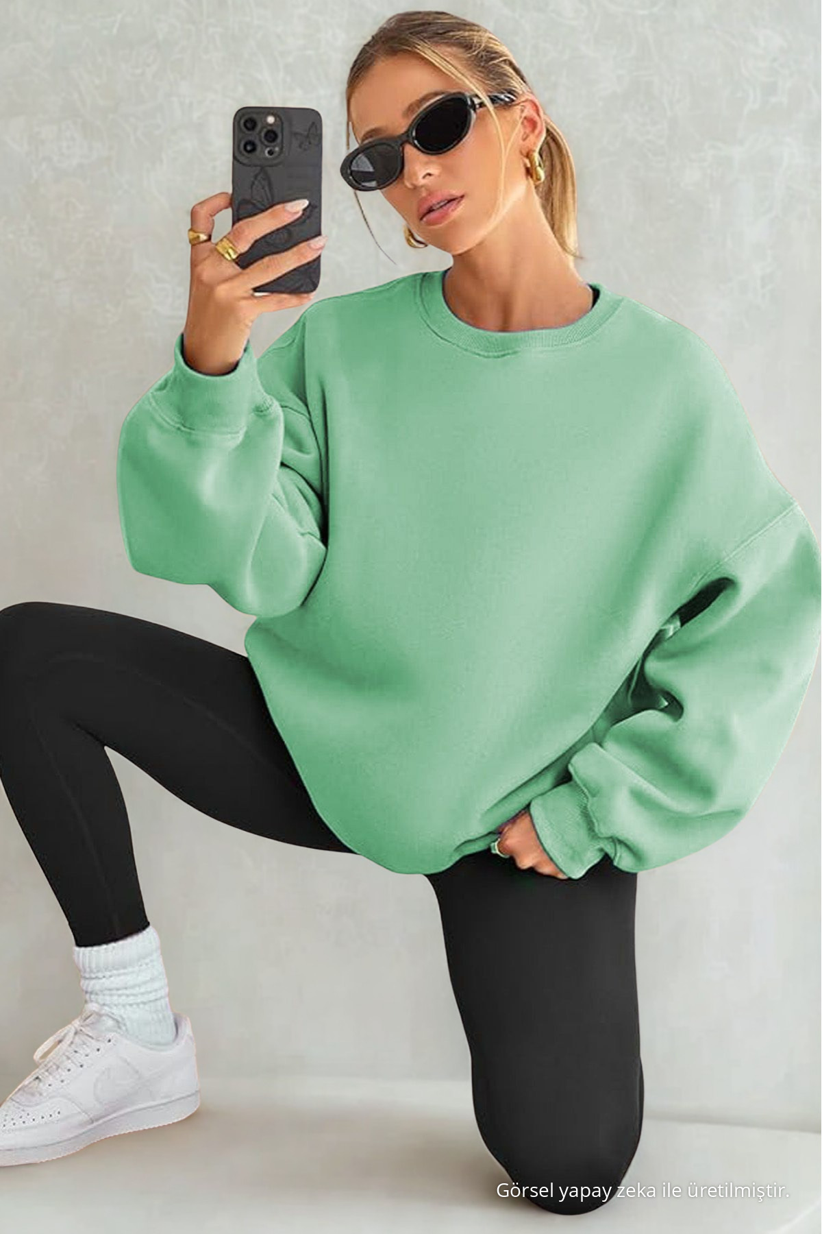 Kadın Bisiklet Yaka Basic Oversize Sweatshirt SU YEŞİLİ 6