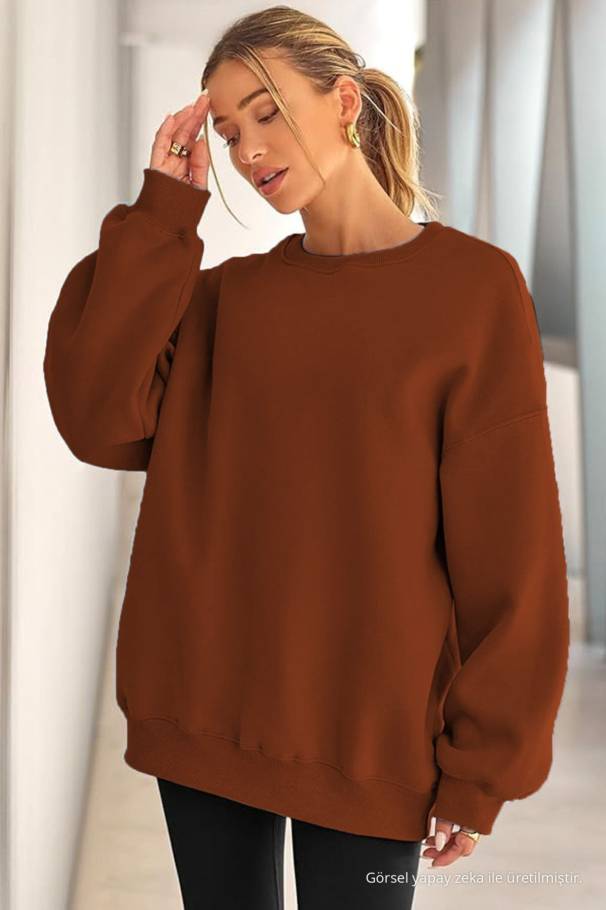 Kadın Bisiklet Yaka Basic Oversize Sweatshirt TARÇIN 5