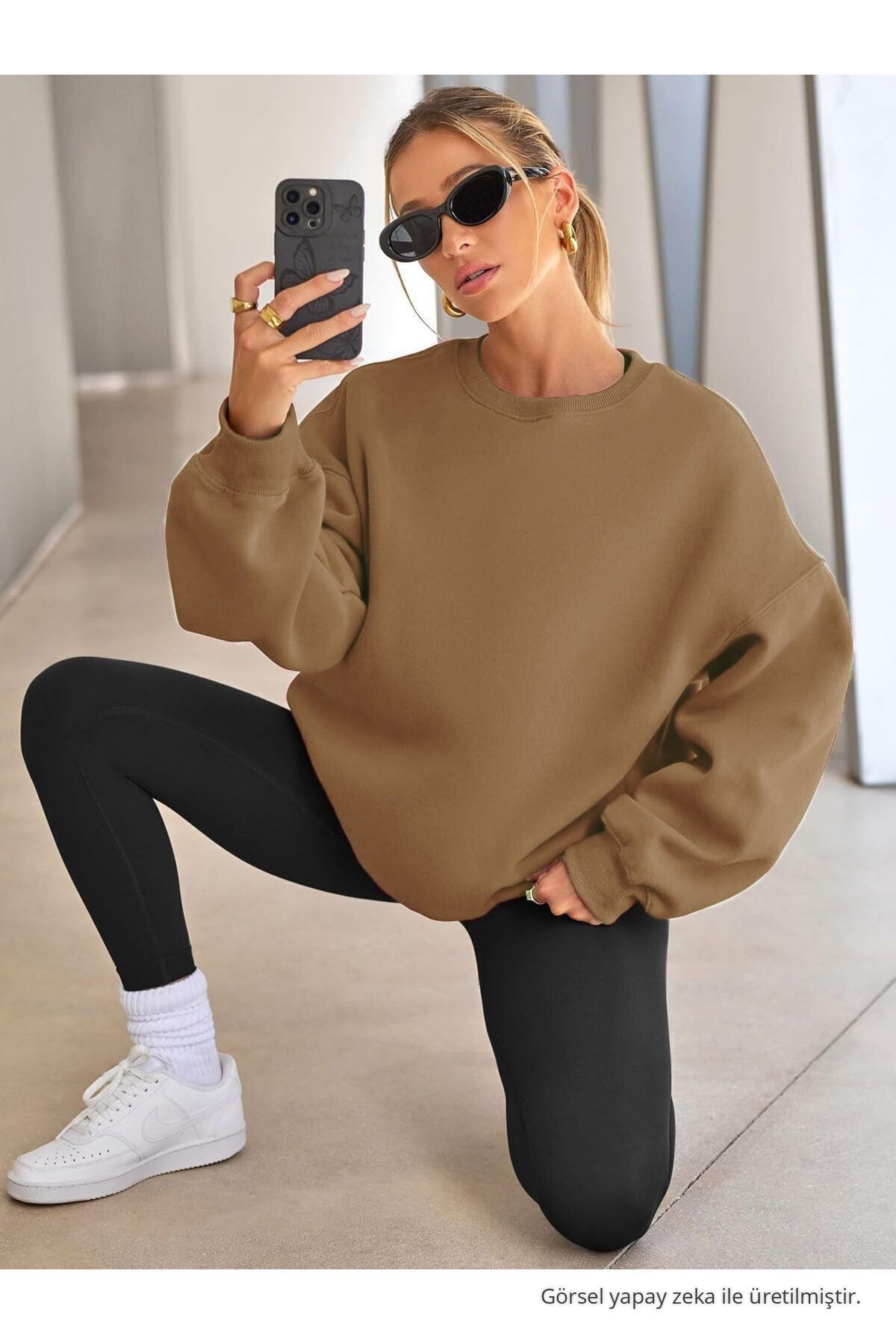 Kadın Bisiklet Yaka Basic Oversize Sweatshirt VİZON 4