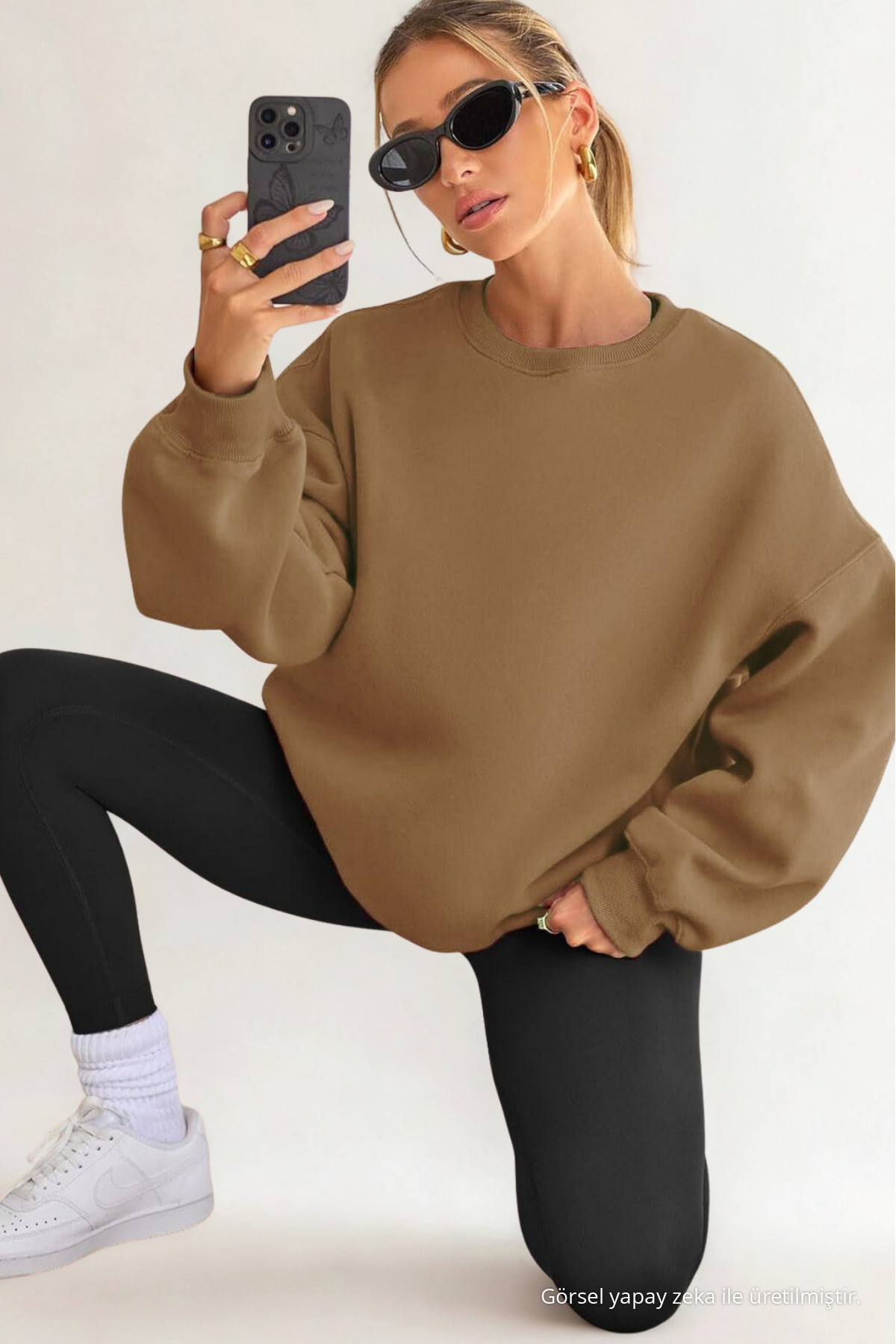 Kadın Bisiklet Yaka Basic Oversize Sweatshirt VİZON 6