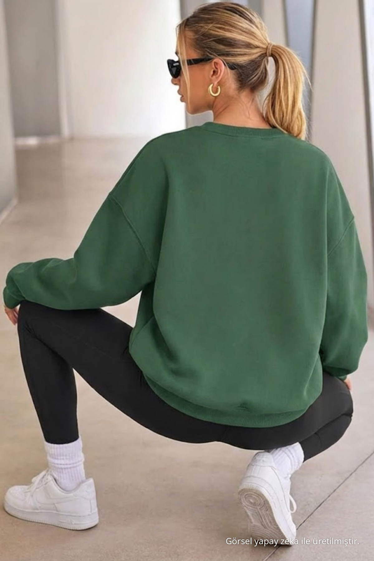 Kadın Bisiklet Yaka Basic Oversize Sweatshirt YEŞİL 5