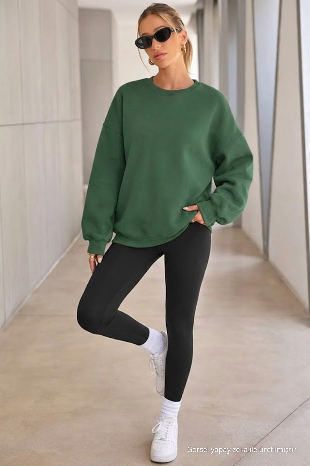 Kadın Bisiklet Yaka Basic Oversize Sweatshirt YEŞİL 3