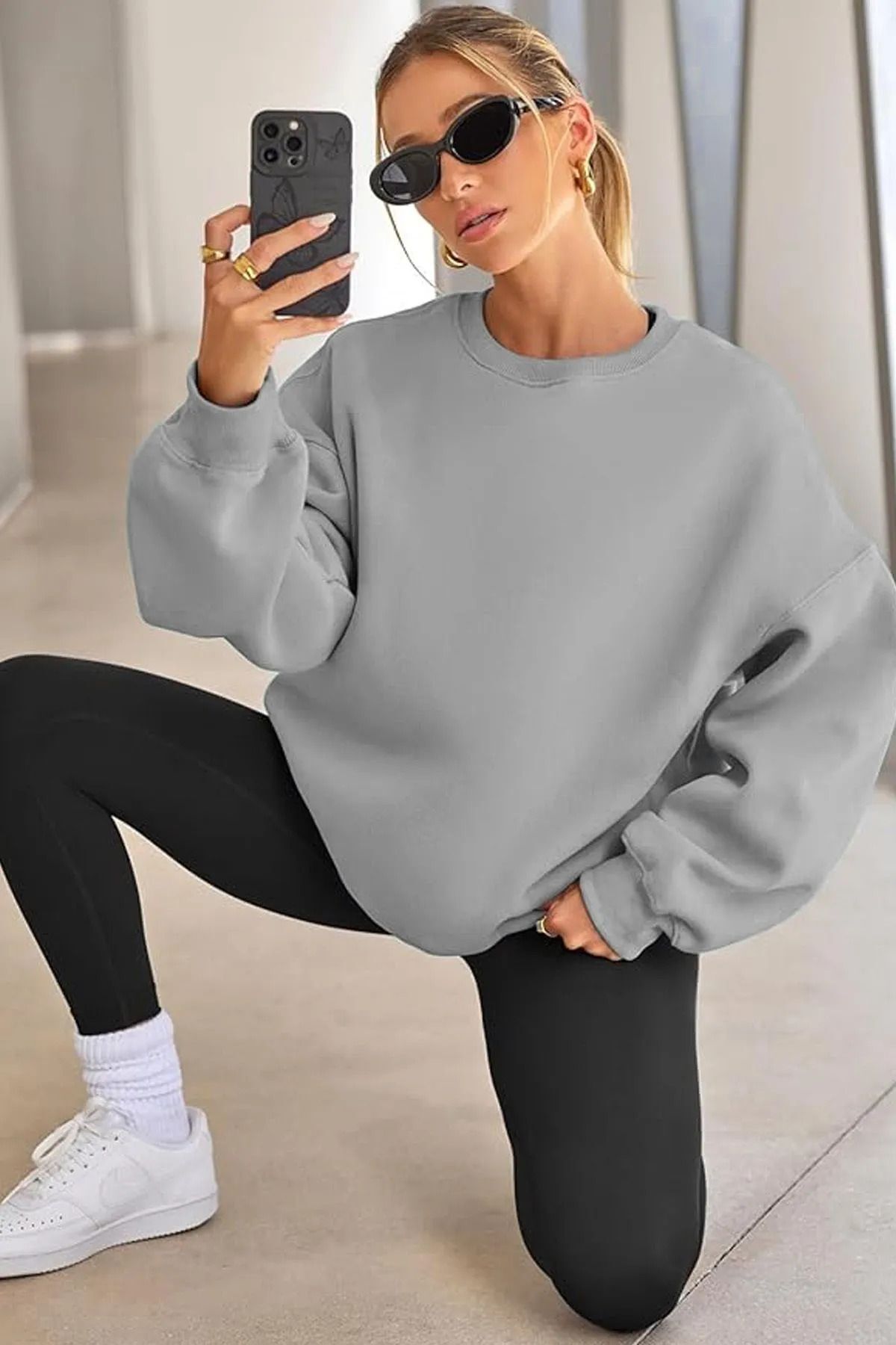 Kadın Bisiklet Yaka Basic Oversize Sweatshirt GRİ