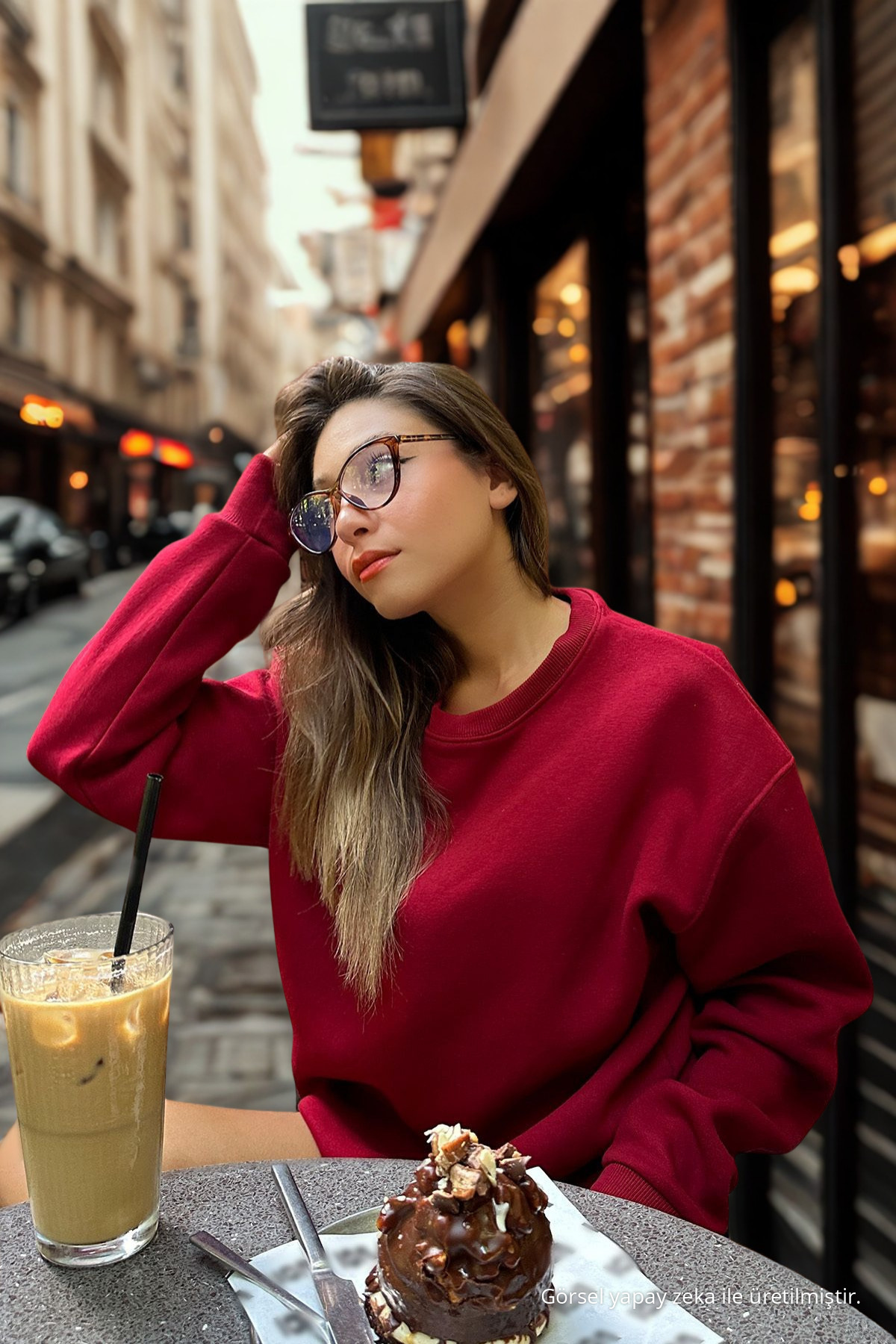 Kadın Oversize Kalın Şardonlu Yumuşak Bisiklet Yaka Sweatshirt Bordo 6