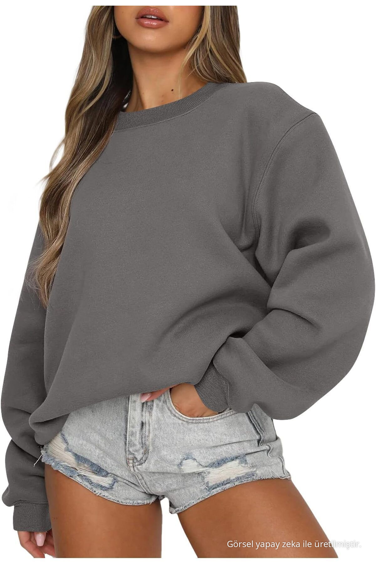 Kadın Oversize Kalın Şardonlu Yumuşak Bisiklet Yaka Sweatshirt Füme 4
