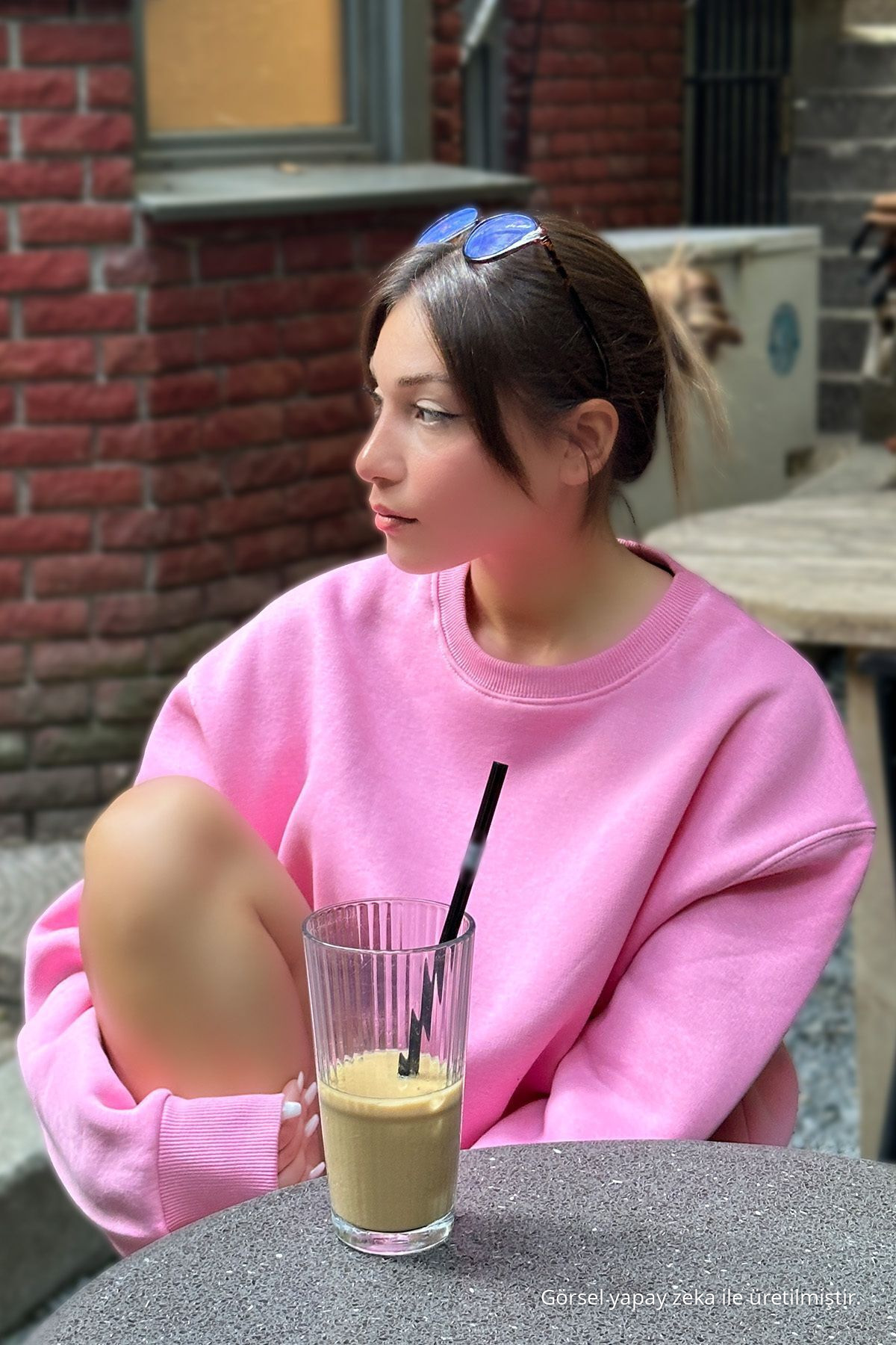 Kadın Oversize Kalın Şardonlu Yumuşak Bisiklet Yaka Sweatshirt Şeker Pembe 6