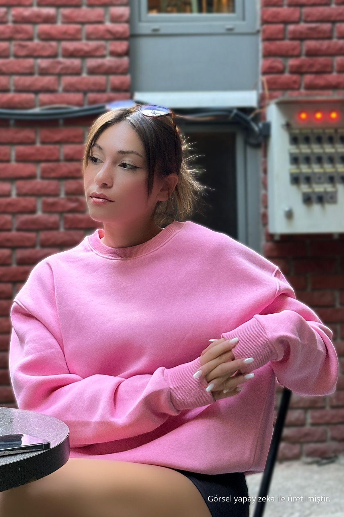 Kadın Oversize Kalın Şardonlu Yumuşak Bisiklet Yaka Sweatshirt Şeker Pembe 4