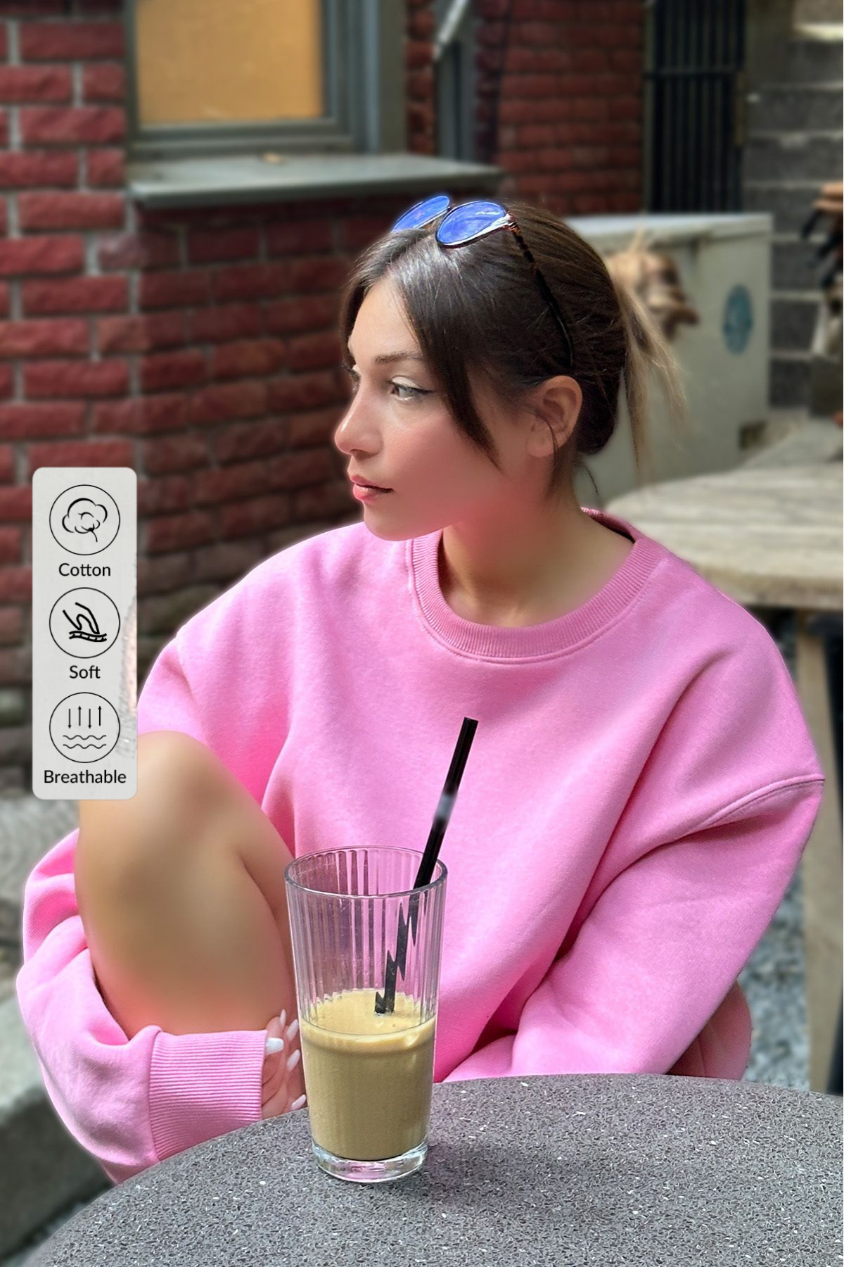 Kadın Oversize Kalın Şardonlu Yumuşak Bisiklet Yaka Sweatshirt Şeker Pembe