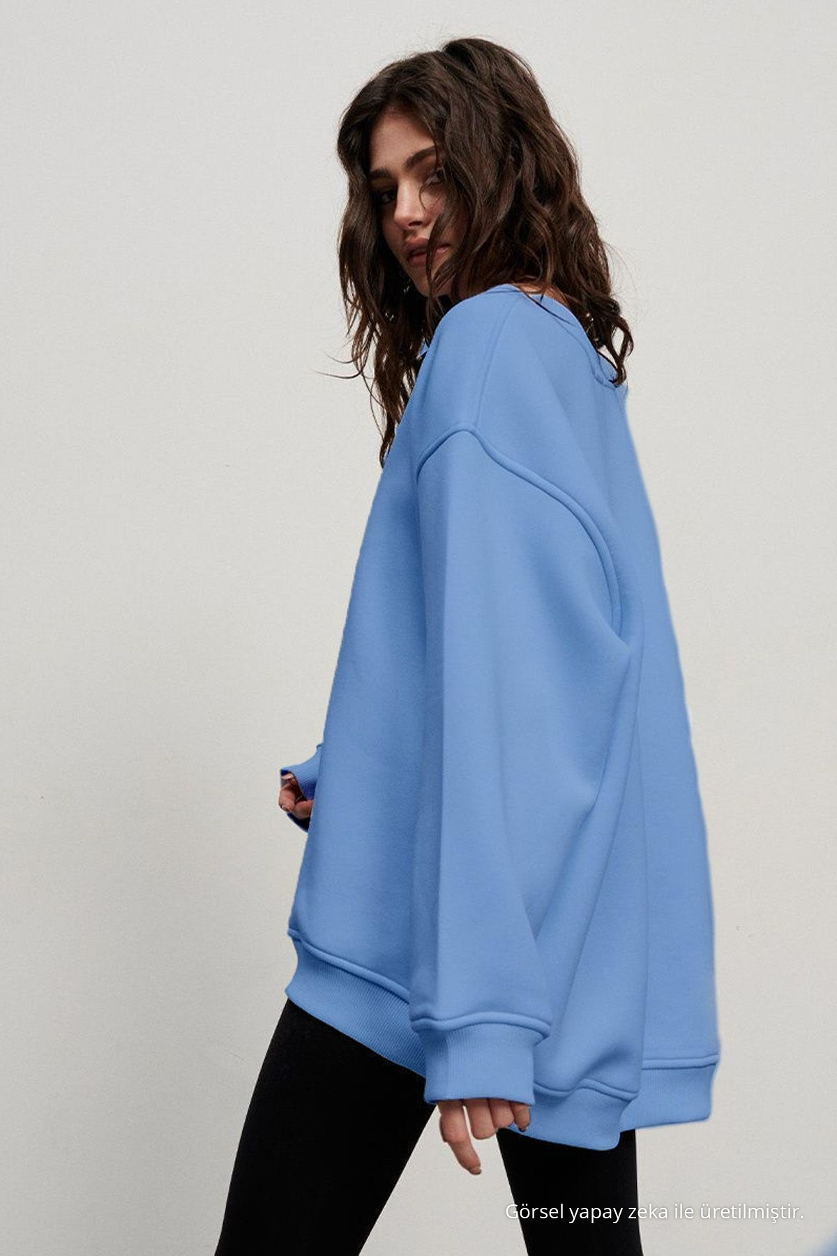Kadın Bisiklet Yaka İçi Şardonlu, Kışlık Yumuşak Bol Sweatshirt  MAVİ BEBE MAVİ 6