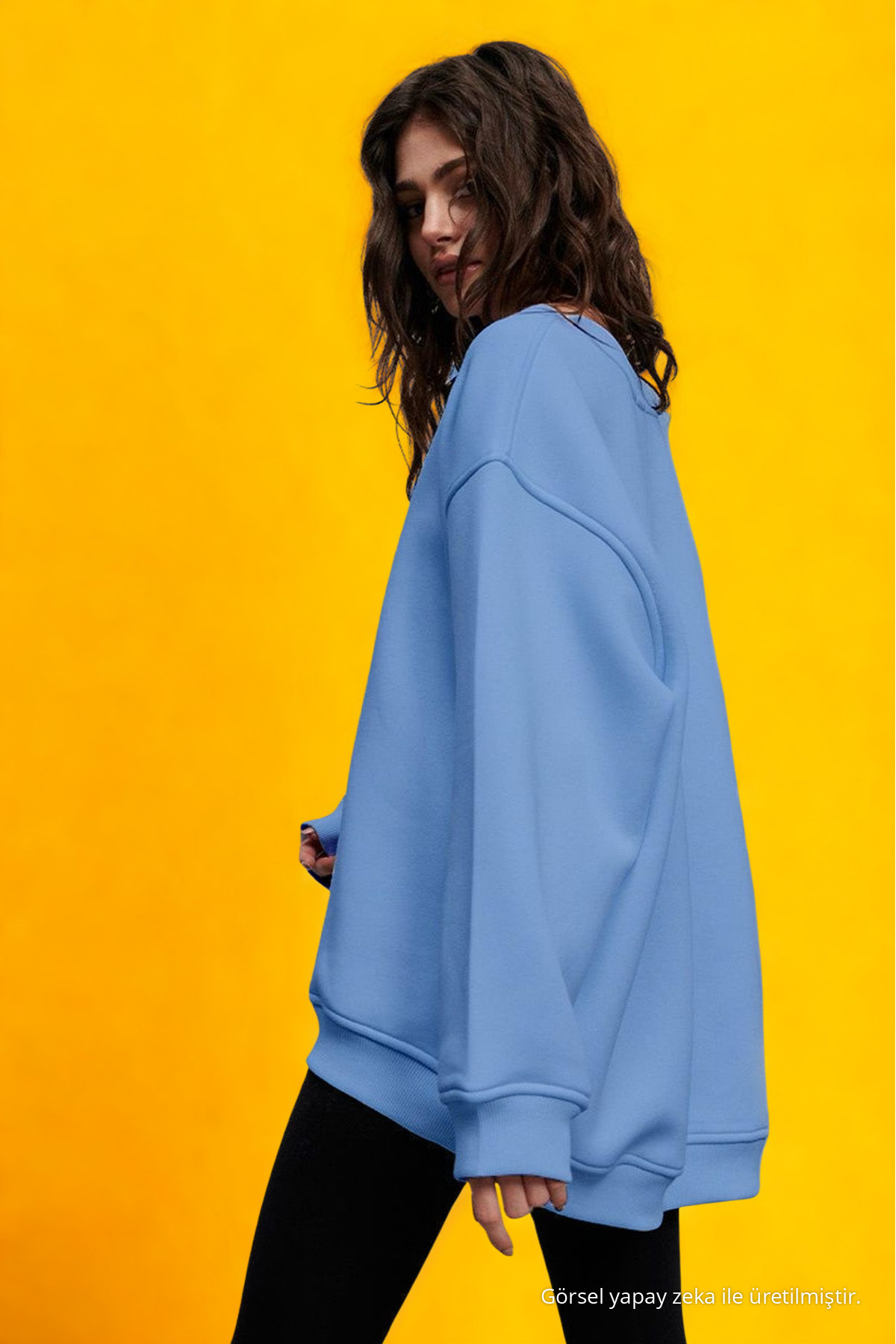 Kadın Bisiklet Yaka İçi Şardonlu, Kışlık Yumuşak Bol Sweatshirt  MAVİ BEBE MAVİ 4