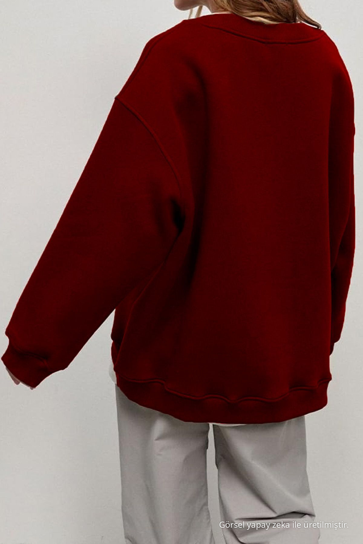 Kadın Bisiklet Yaka İçi Şardonlu, Kışlık Yumuşak Bol Sweatshirt BORDO 3