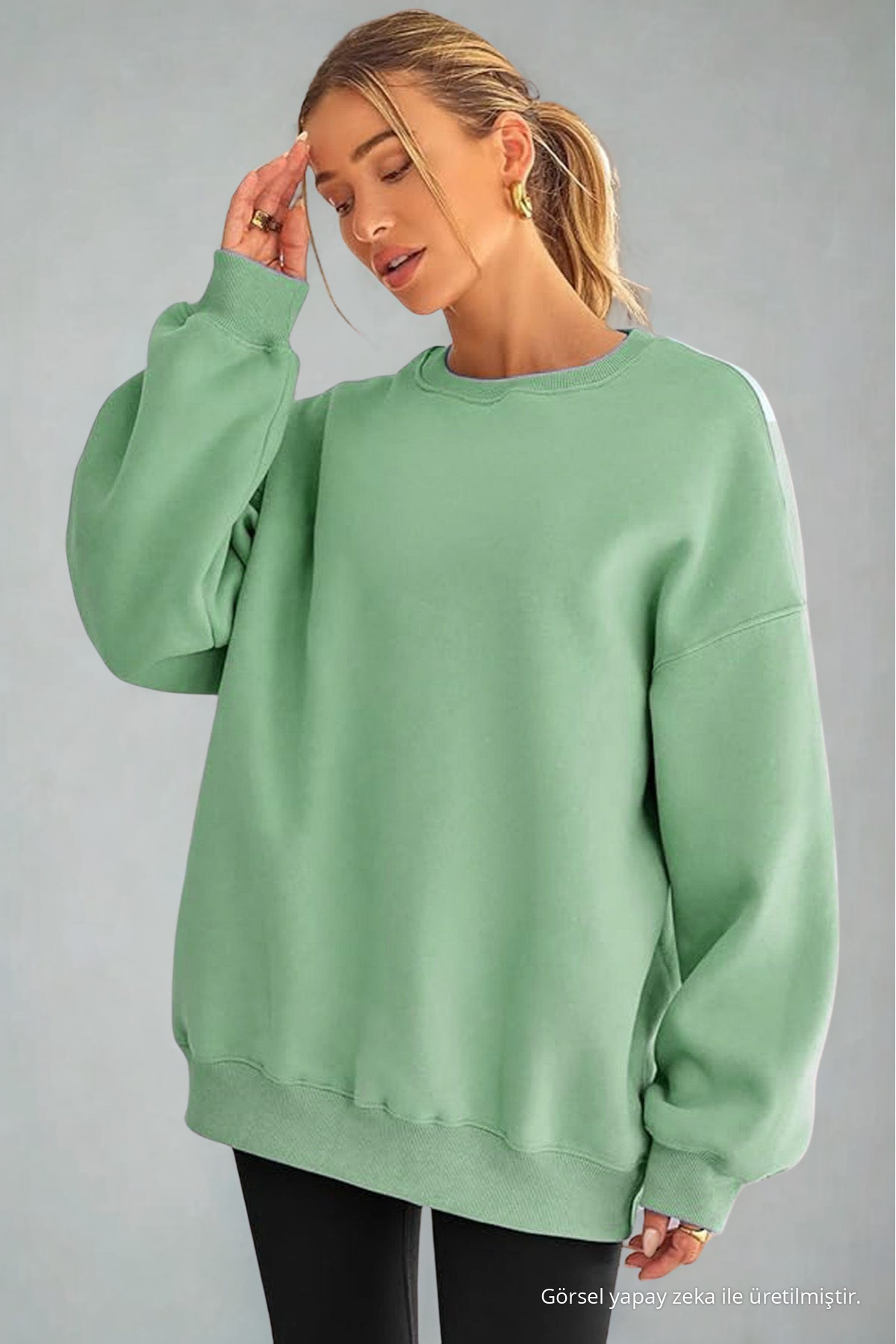 Kadın Bisiklet Yaka İçi Şardonlu, Kışlık Yumuşak Bol Sweatshirt ÇAĞLA 6