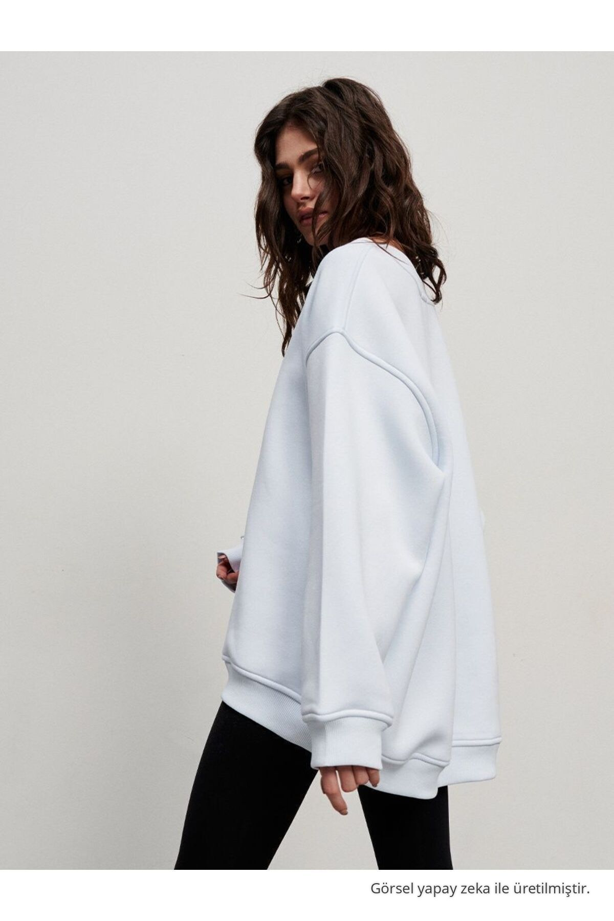 Kadın Bisiklet Yaka İçi Şardonlu, Kışlık Yumuşak Bol Sweatshirt EKRU 6