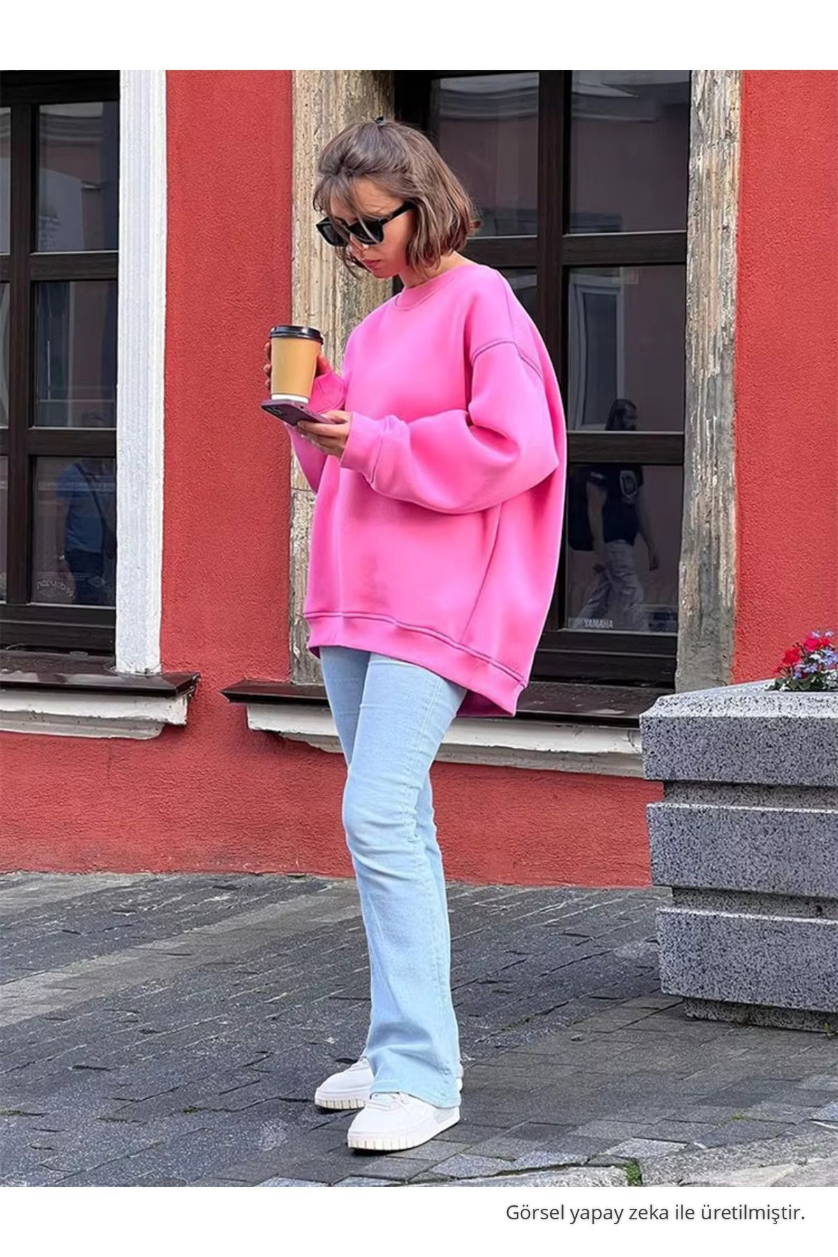 Kadın Bisiklet Yaka İçi Şardonlu, Kışlık Yumuşak Bol Sweatshirt PEMBE 6