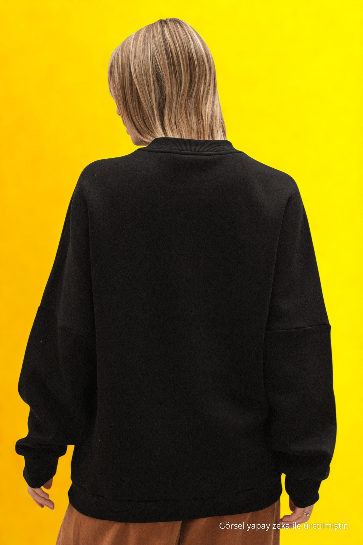 Kadın Bisiklet Yaka İçi Şardonlu, Kışlık Yumuşak Bol Sweatshirt SİYAH 6