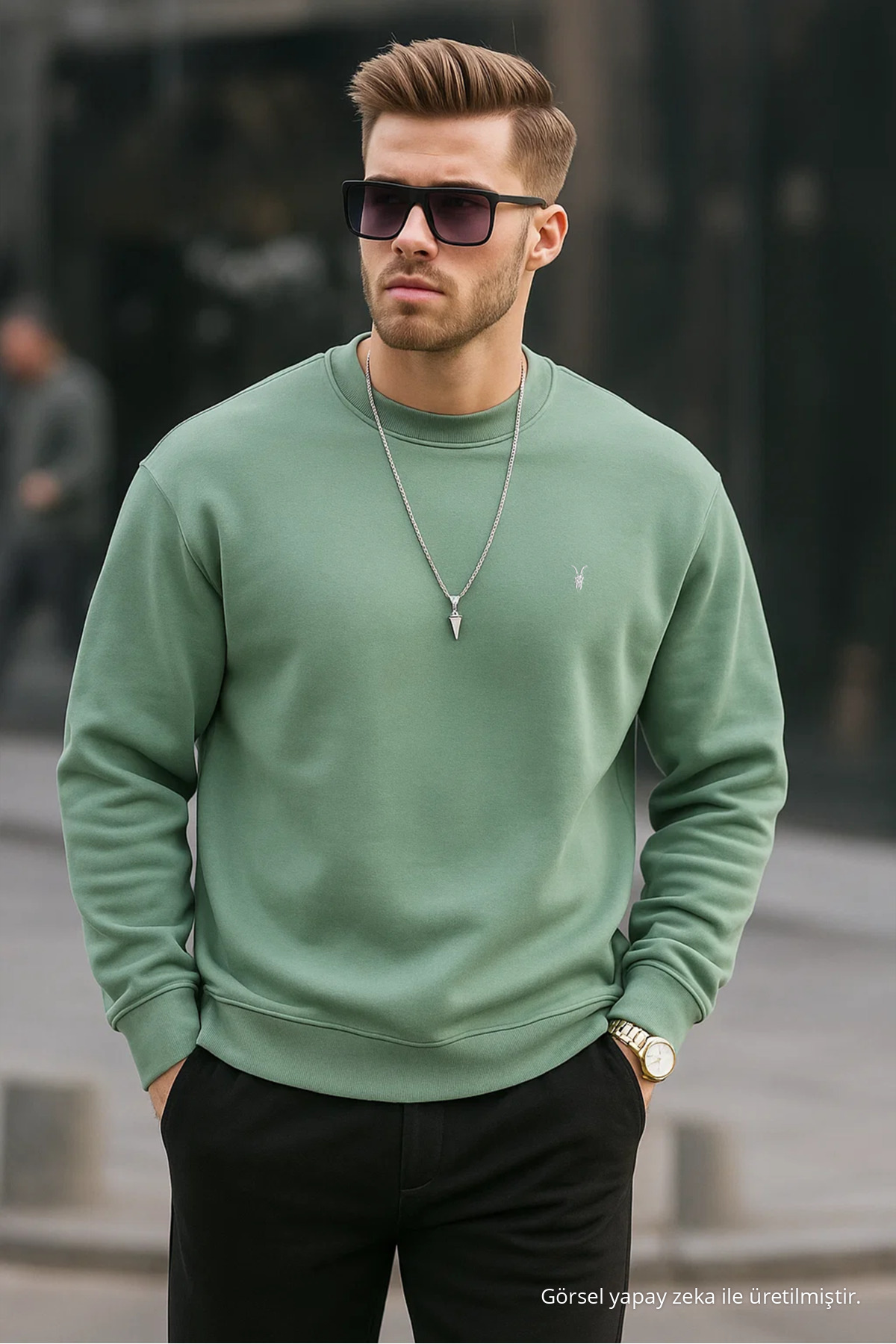 Erkek 3-lü Siyah-çağla-bordo-çağla-gri Sweatshirt Basic Bisiklet Yaka 4