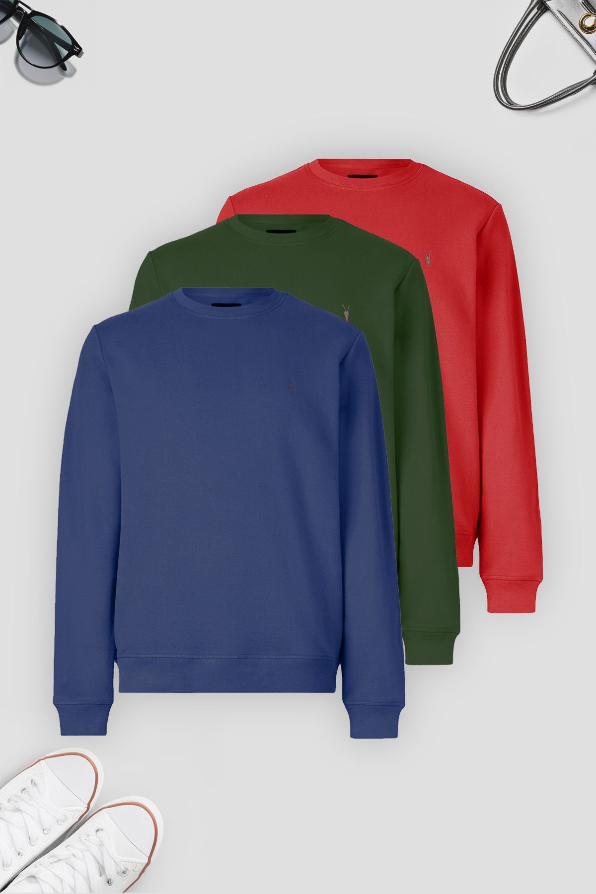 Erkek 3-lü Indigo-kırmızı-haki Sweatshirt Basic Bisiklet Yaka