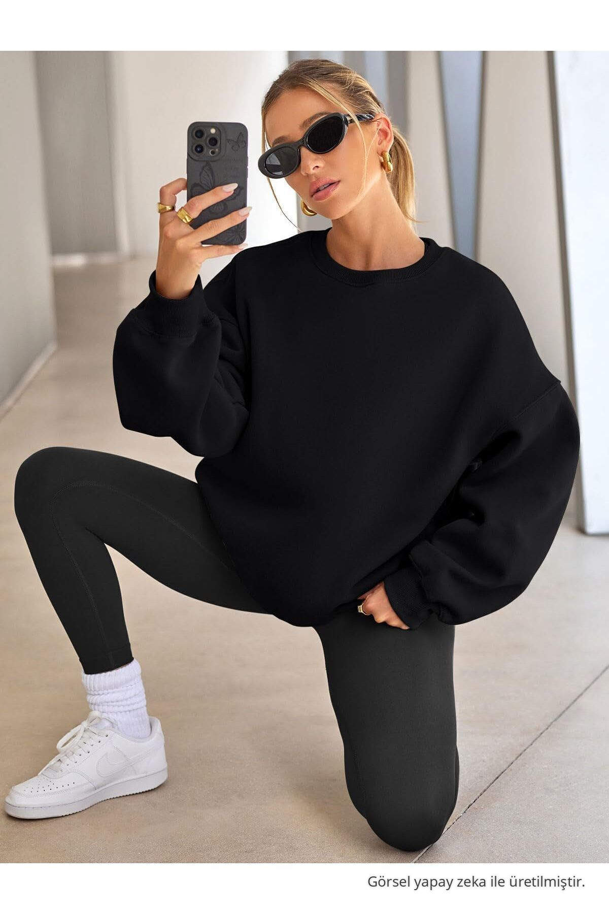 Unisex 3'Lü Çağla ÇAĞLABORDOSIYAH Siyah Bisiklet Yaka Oversize Sweatshirt Paketi 3