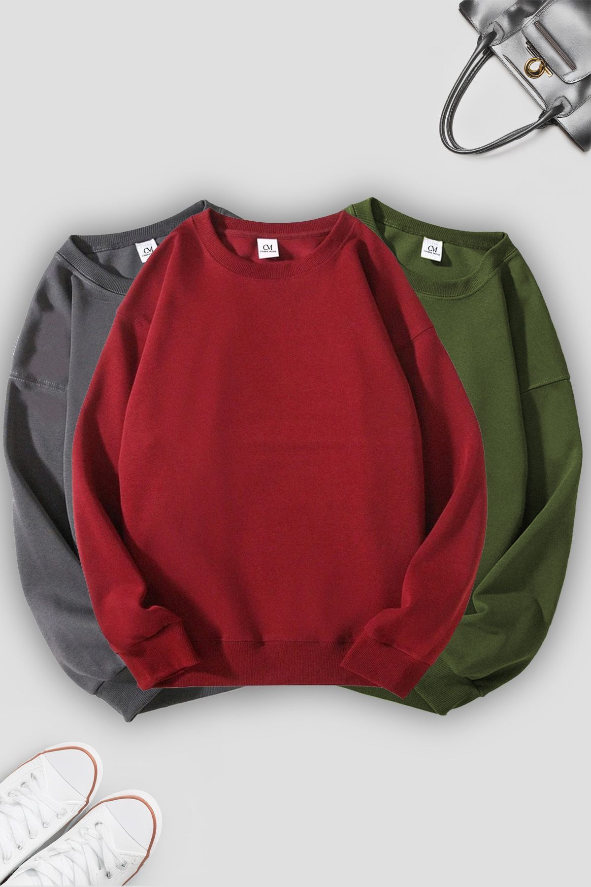 Unisex 3'Lü Haki Füme Bordo Bisiklet Yaka Oversize Sweatshirt Paketi