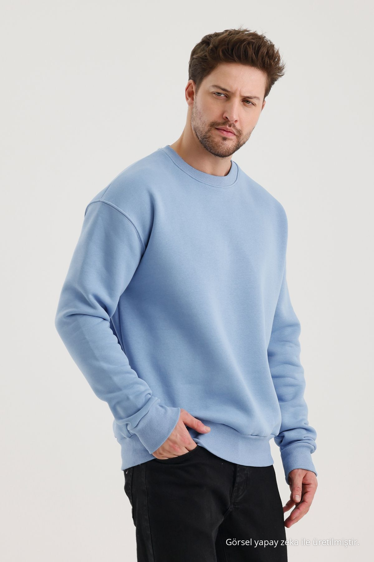 BEBE MAVİ Bisiklet Yaka Oversize Şardonlu Basic Erkek Sweatshirt 6