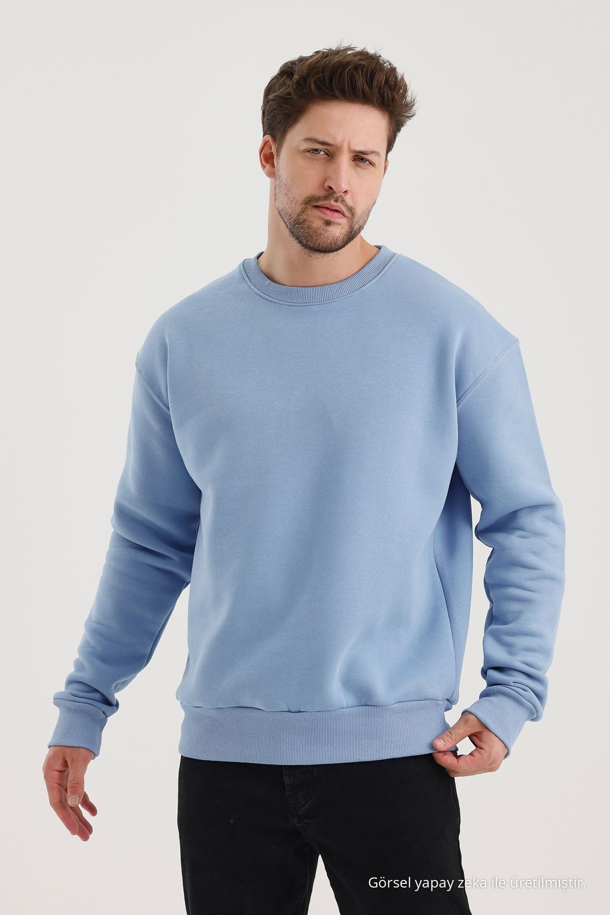 BEBE MAVİ Bisiklet Yaka Oversize Şardonlu Basic Erkek Sweatshirt 3