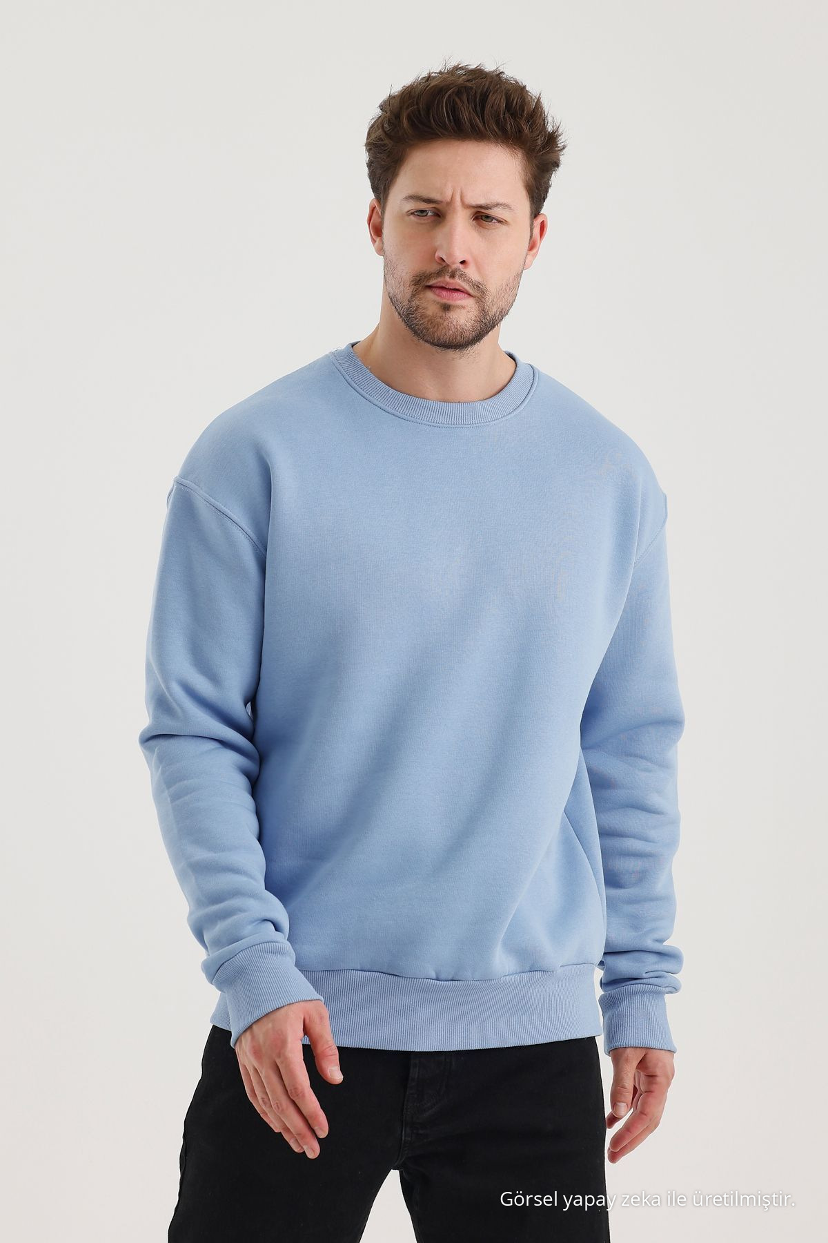 BEBE MAVİ Bisiklet Yaka Oversize Şardonlu Basic Erkek Sweatshirt 4